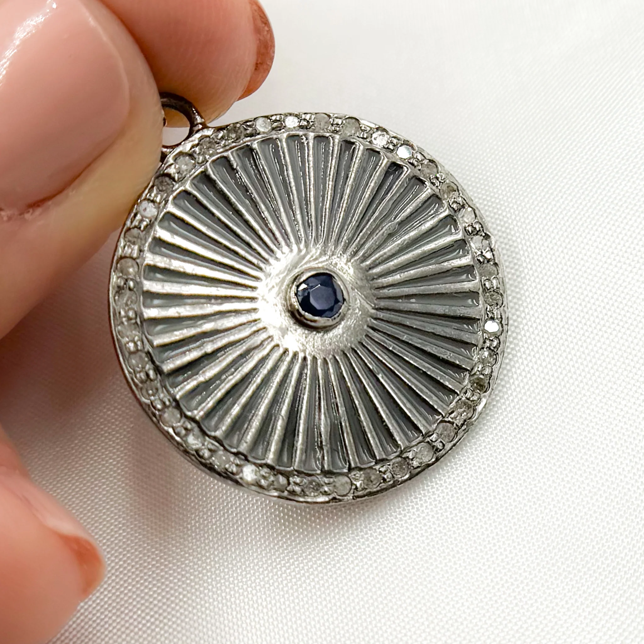 DP489A. Diamond Sterling Silver Round Enamel Pendant with Gemstone - Image 6