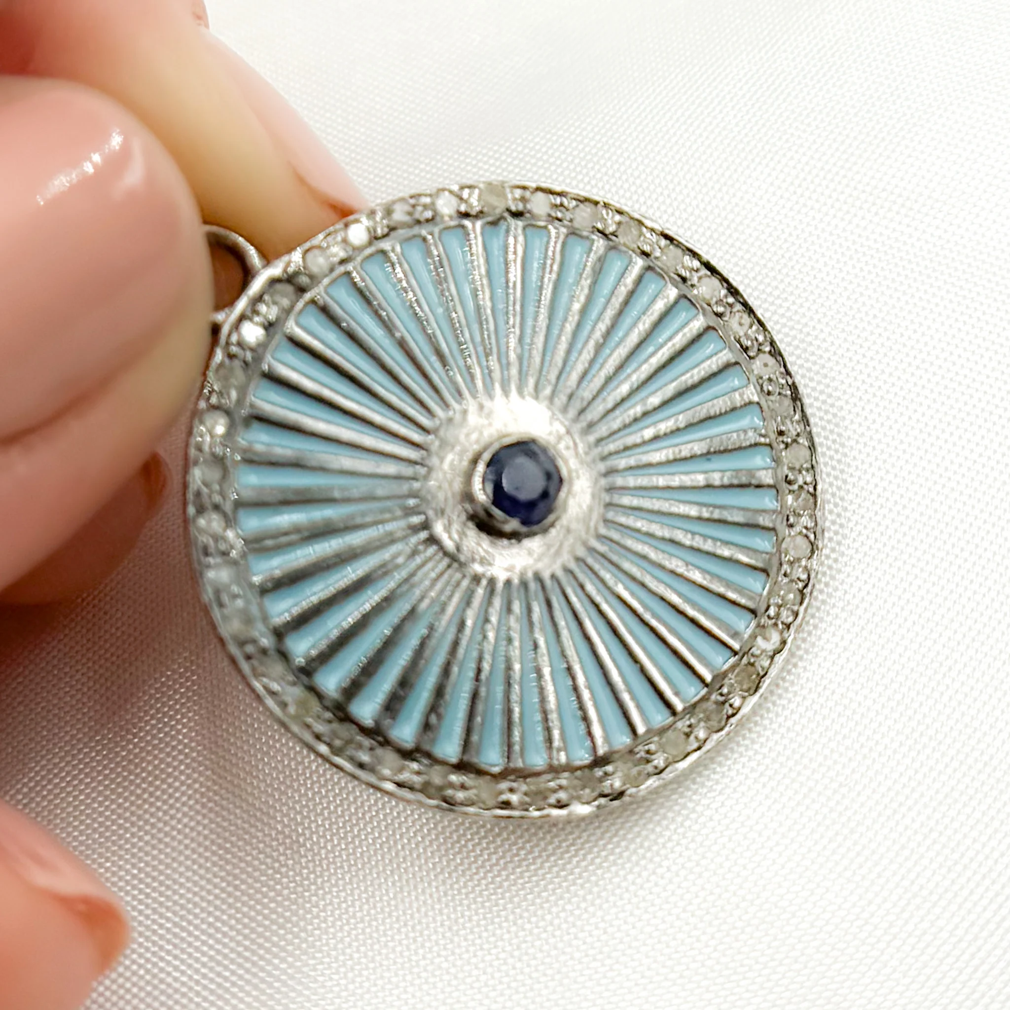DP489A. Diamond Sterling Silver Round Enamel Pendant with Gemstone - Image 8