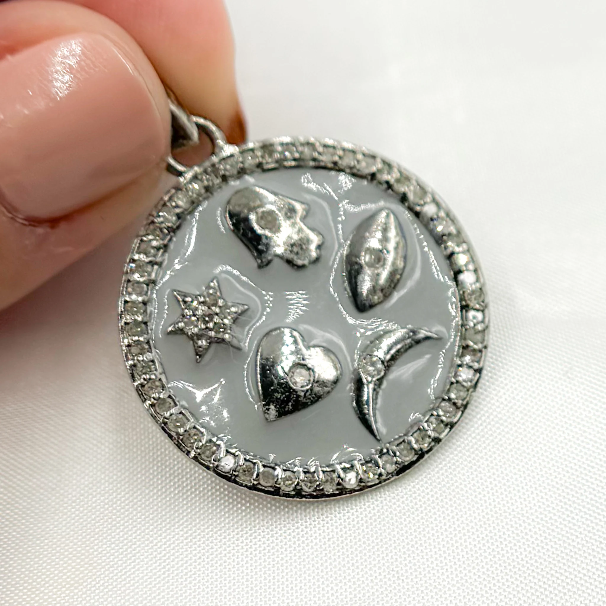 DP490A. Diamond Sterling Silver Round Symbols Enamel Pendant - Image 3