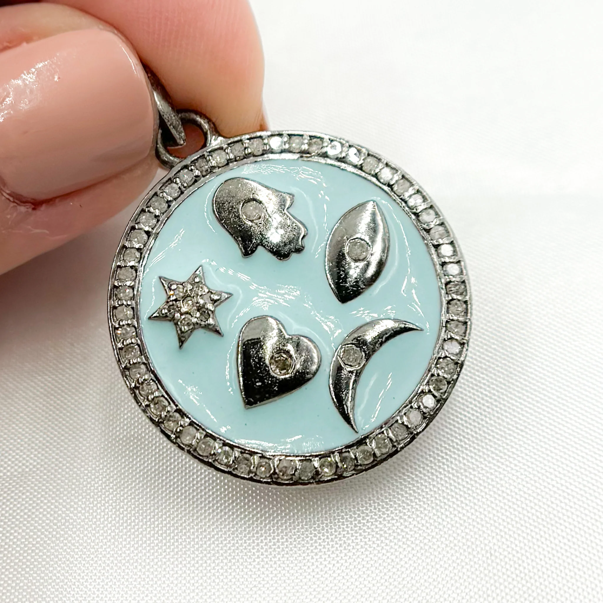 DP490A. Diamond Sterling Silver Round Symbols Enamel Pendant - Image 7
