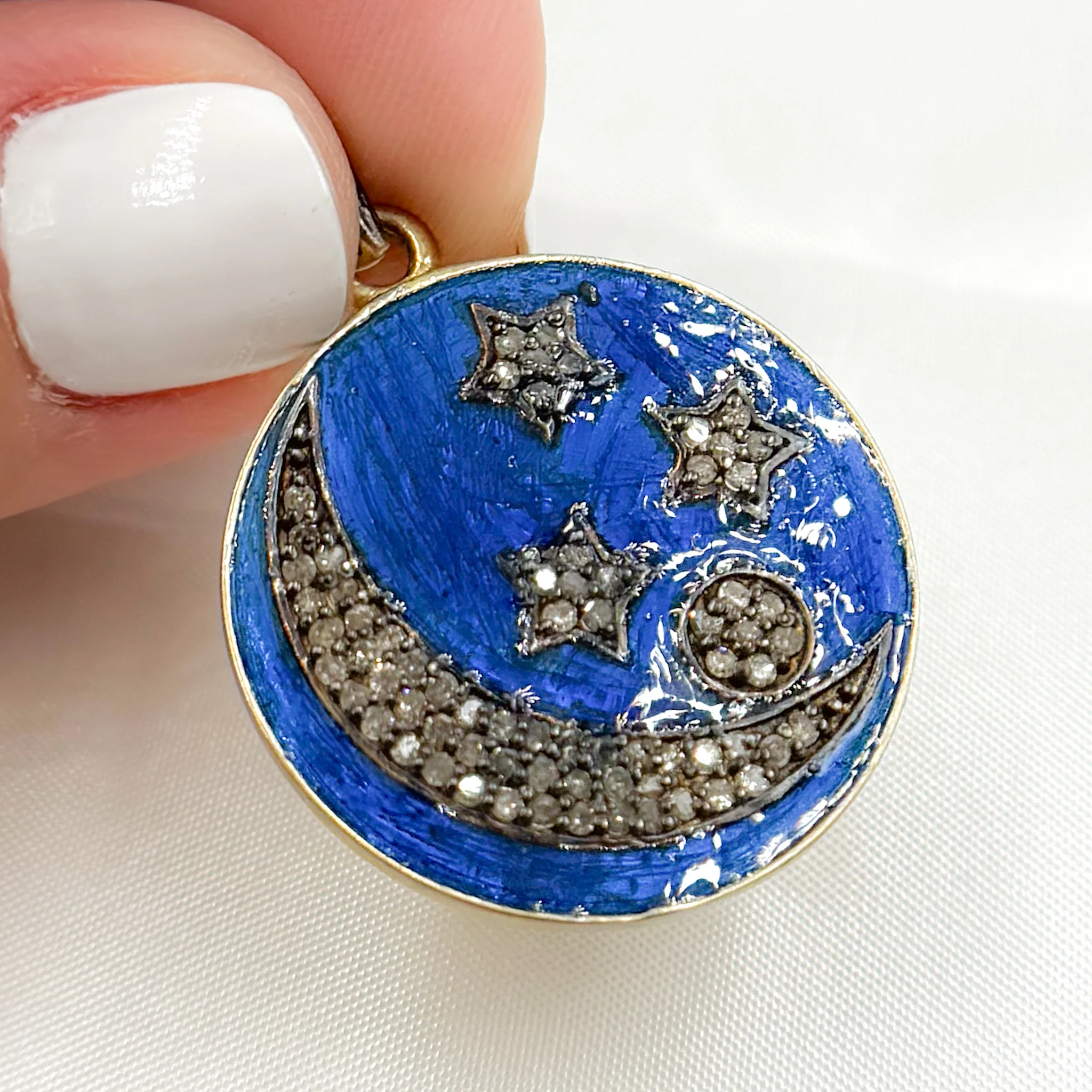 DP510A. Diamond Sterling Silver Round Moon and Star Enamel Pendant - Image 8