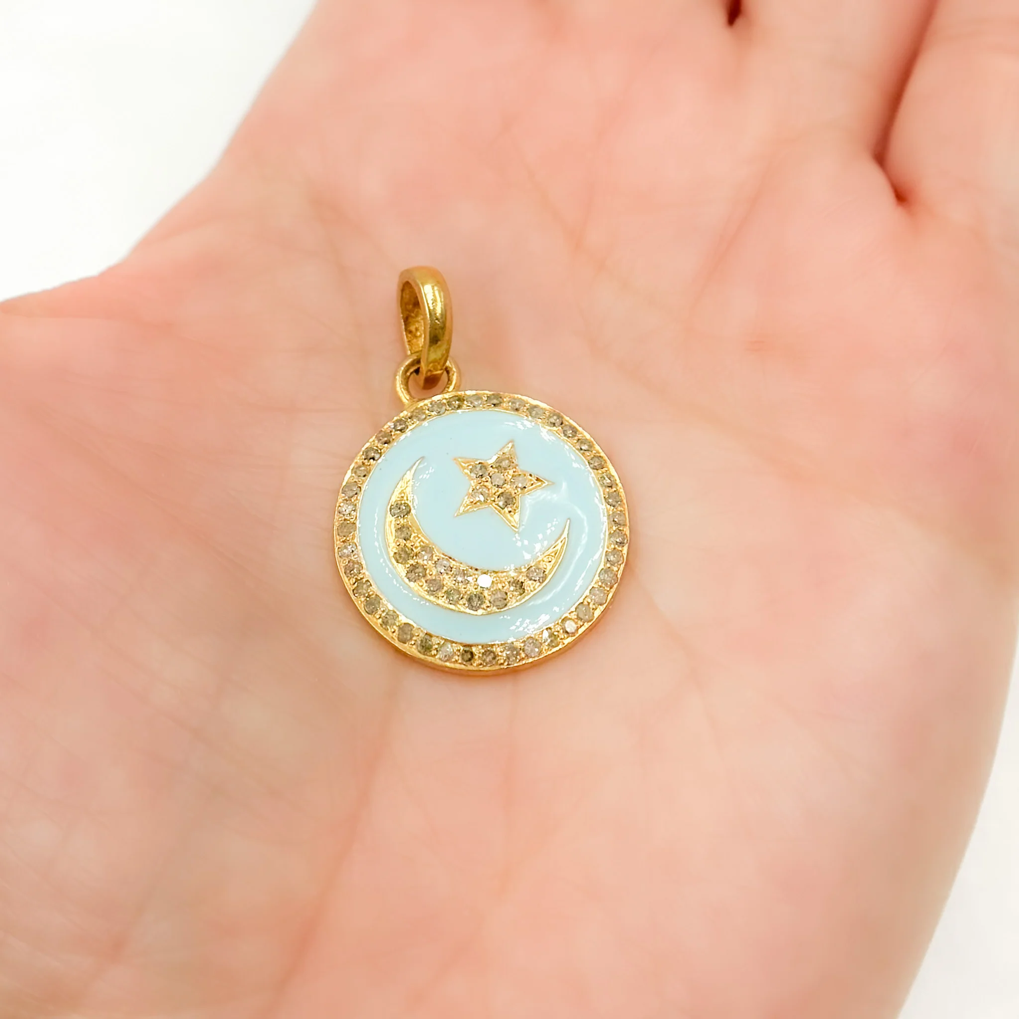 DP573A. Diamond Sterling Silver Round Moon and Star Enamel Pendant - Image 2
