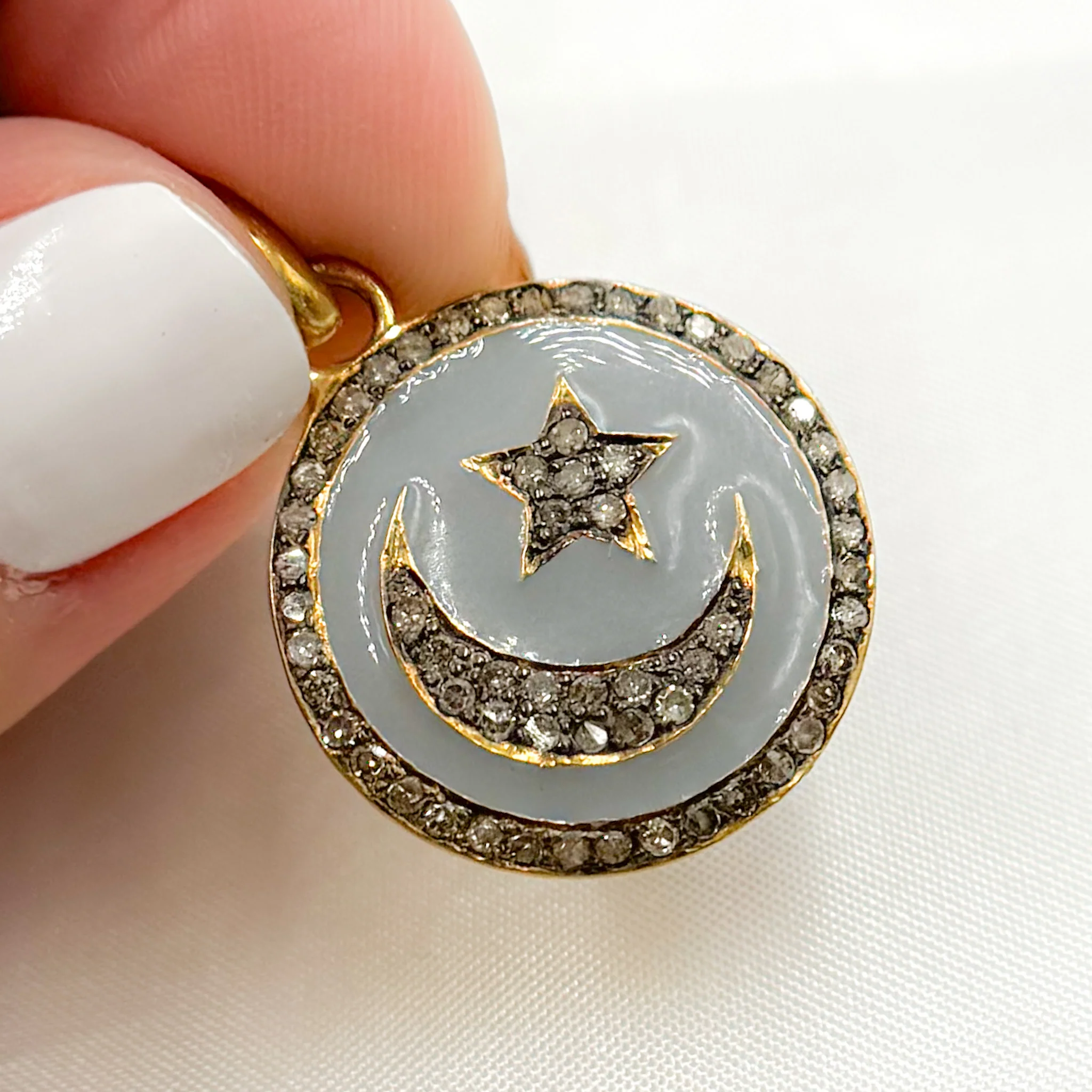 DP573A. Diamond Sterling Silver Round Moon and Star Enamel Pendant - Image 3