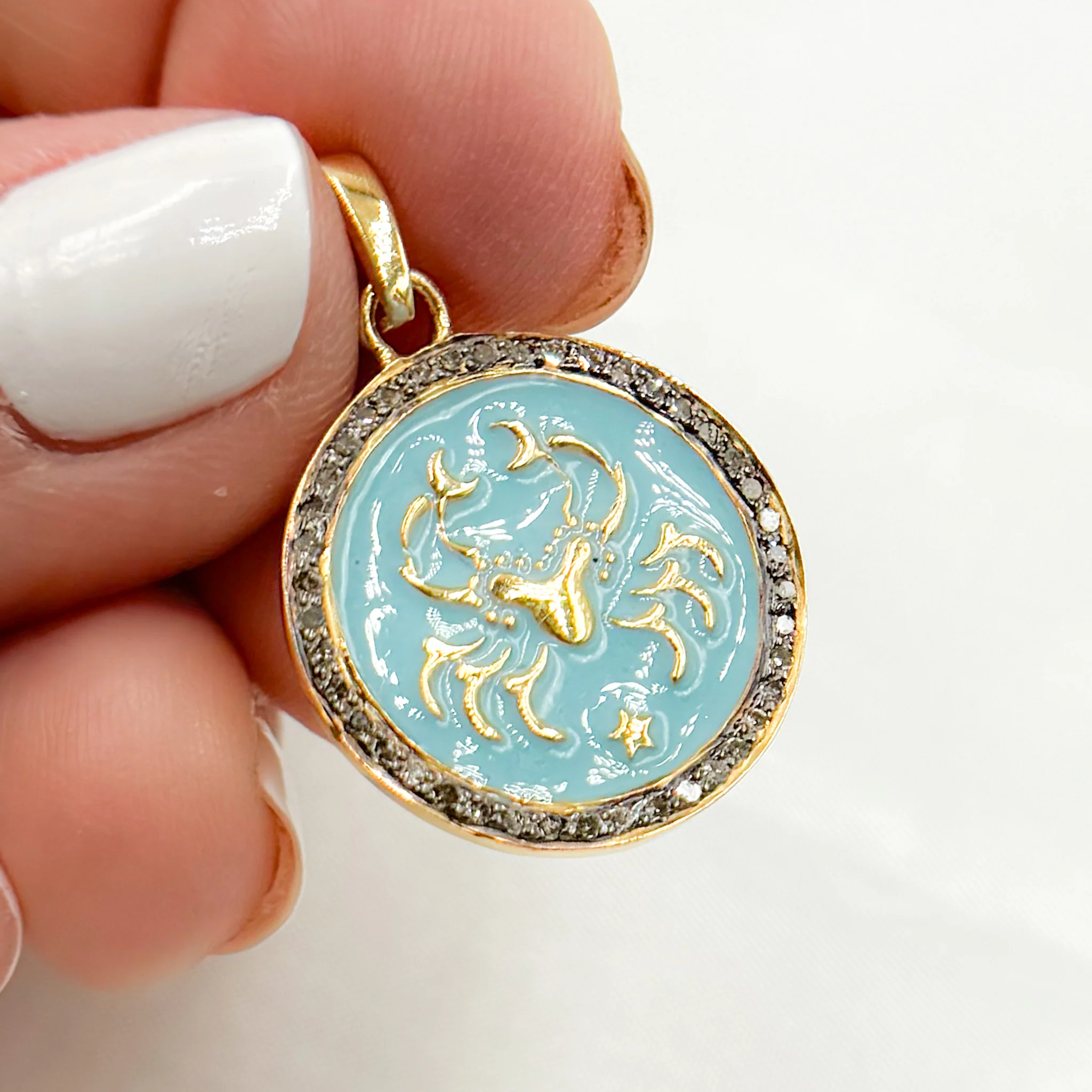 DP609A. Diamond Sterling Silver Round Cancer Zodiac Enamel Pendant - Image 4
