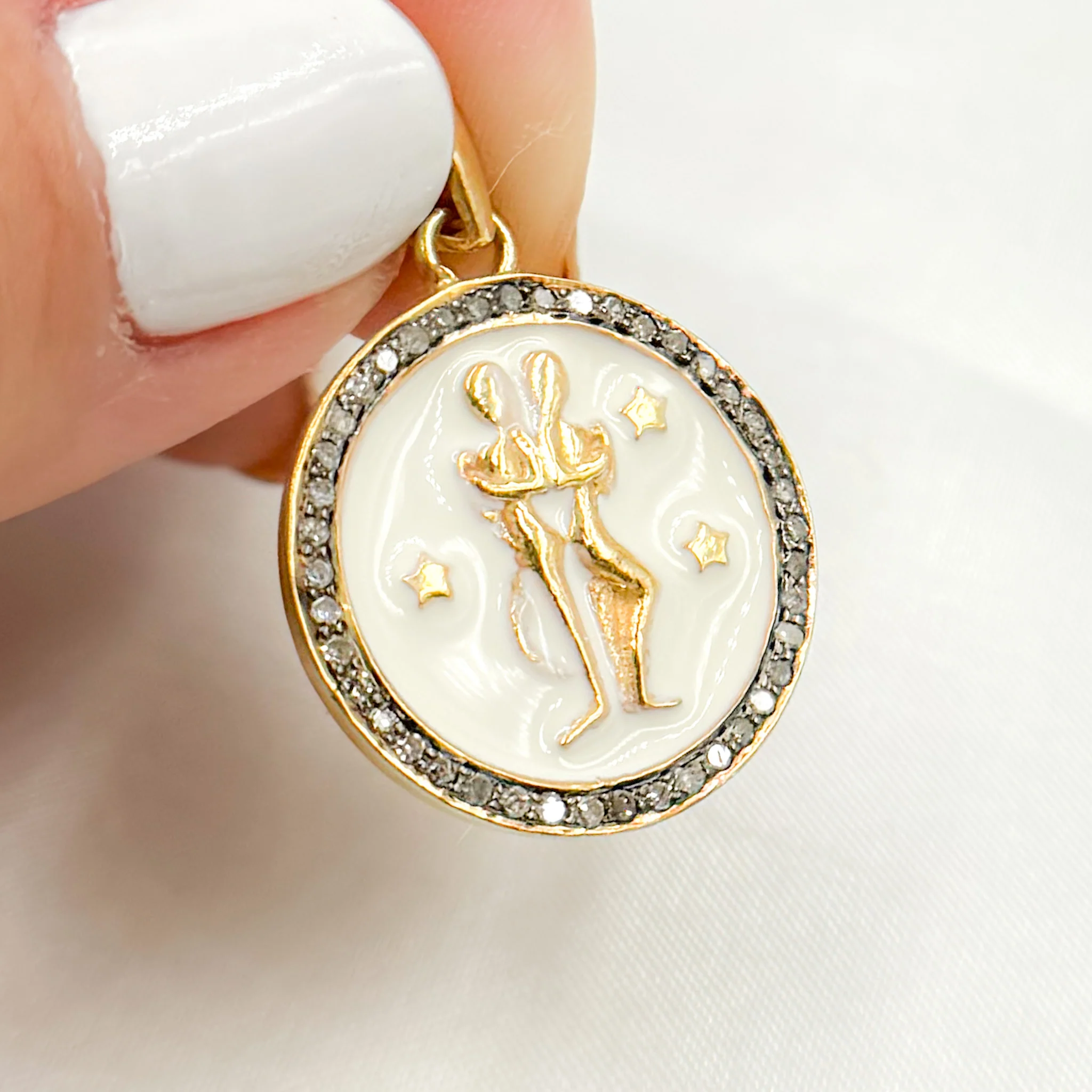 DP610A. Diamond Sterling Silver Round Gemini Zodiac Enamel Pendant - Image 3