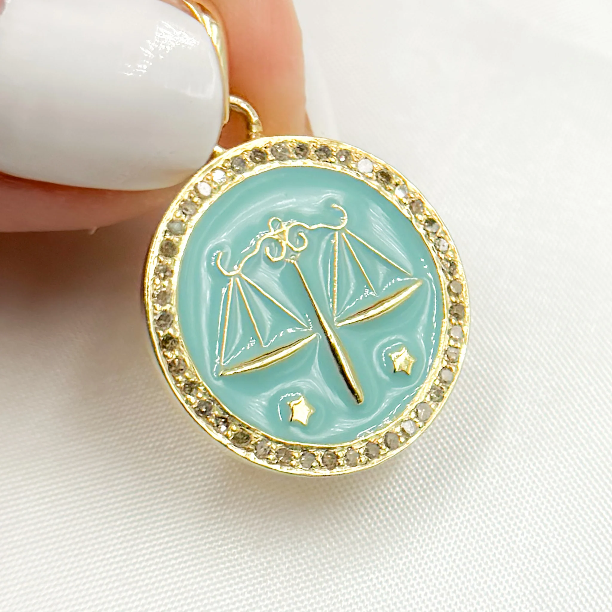 DP612A. Diamond Sterling Silver Round Libra Zodiac Enamel Pendant - Image 4