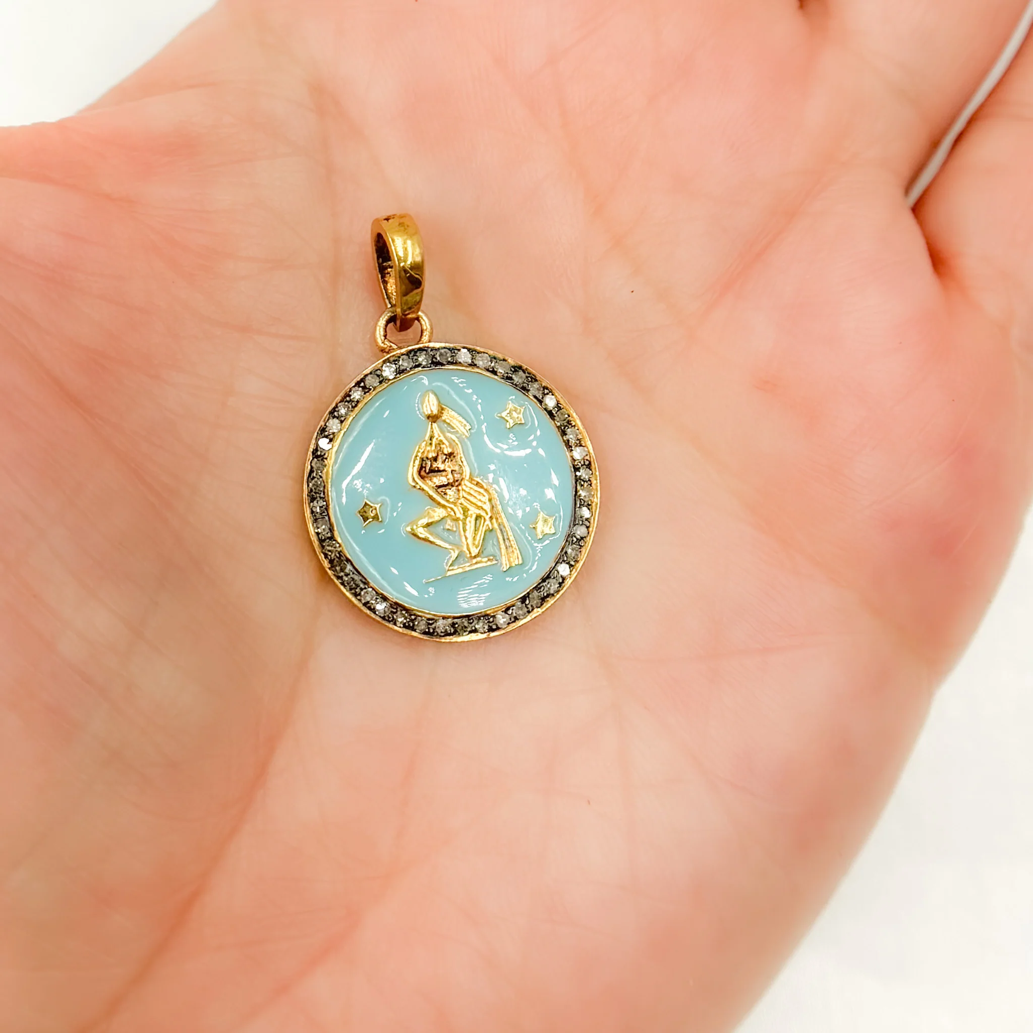 DP614A. Diamond Sterling Silver Round Aquarius Zodiac Enamel Pendant - Image 2