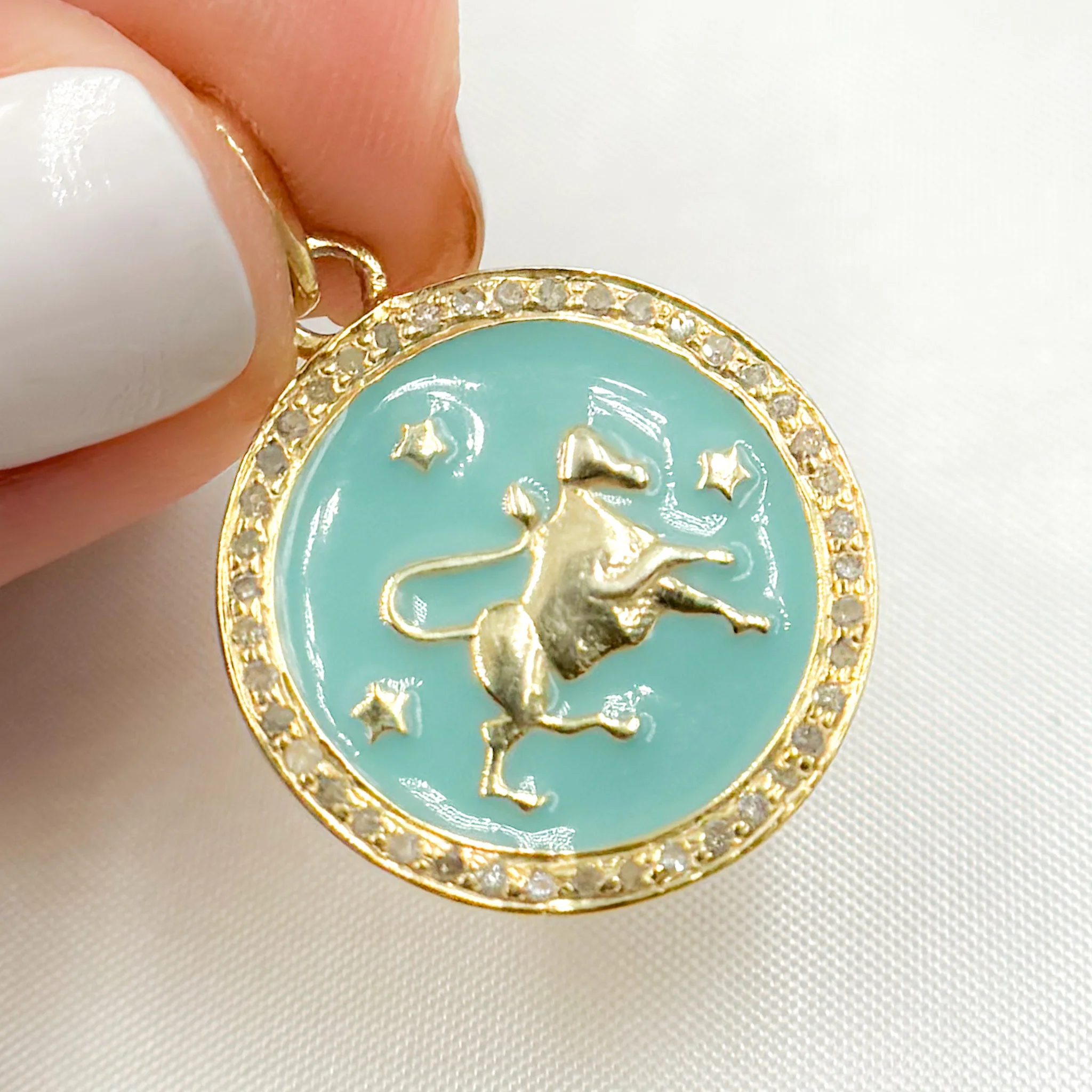 DP615A. Diamond Sterling Silver Round Taurus Zodiac Enamel Pendant - Image 4