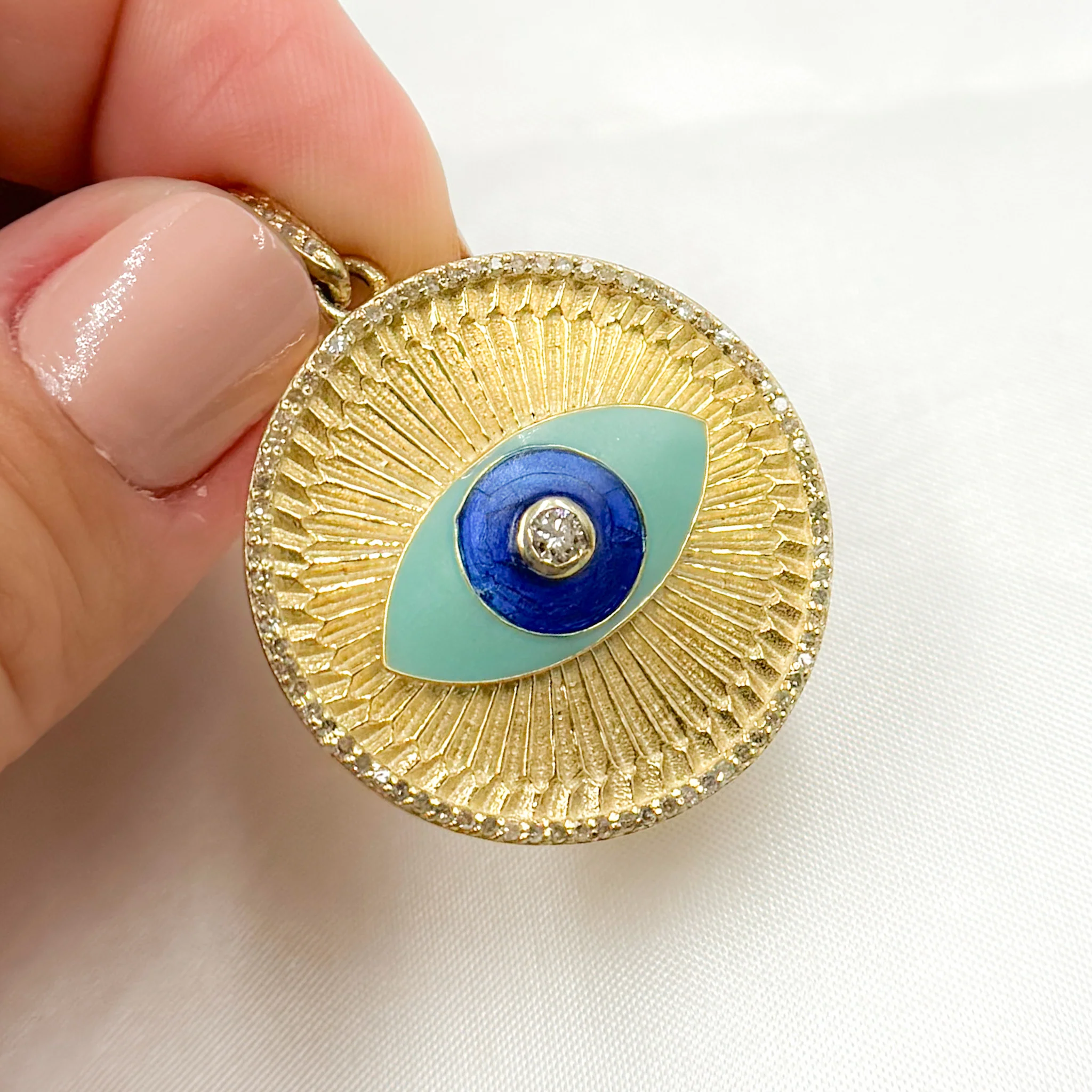 DP639A. Diamond Sterling Silver Round Eye Enamel Pendant with Gemstone - Image 3