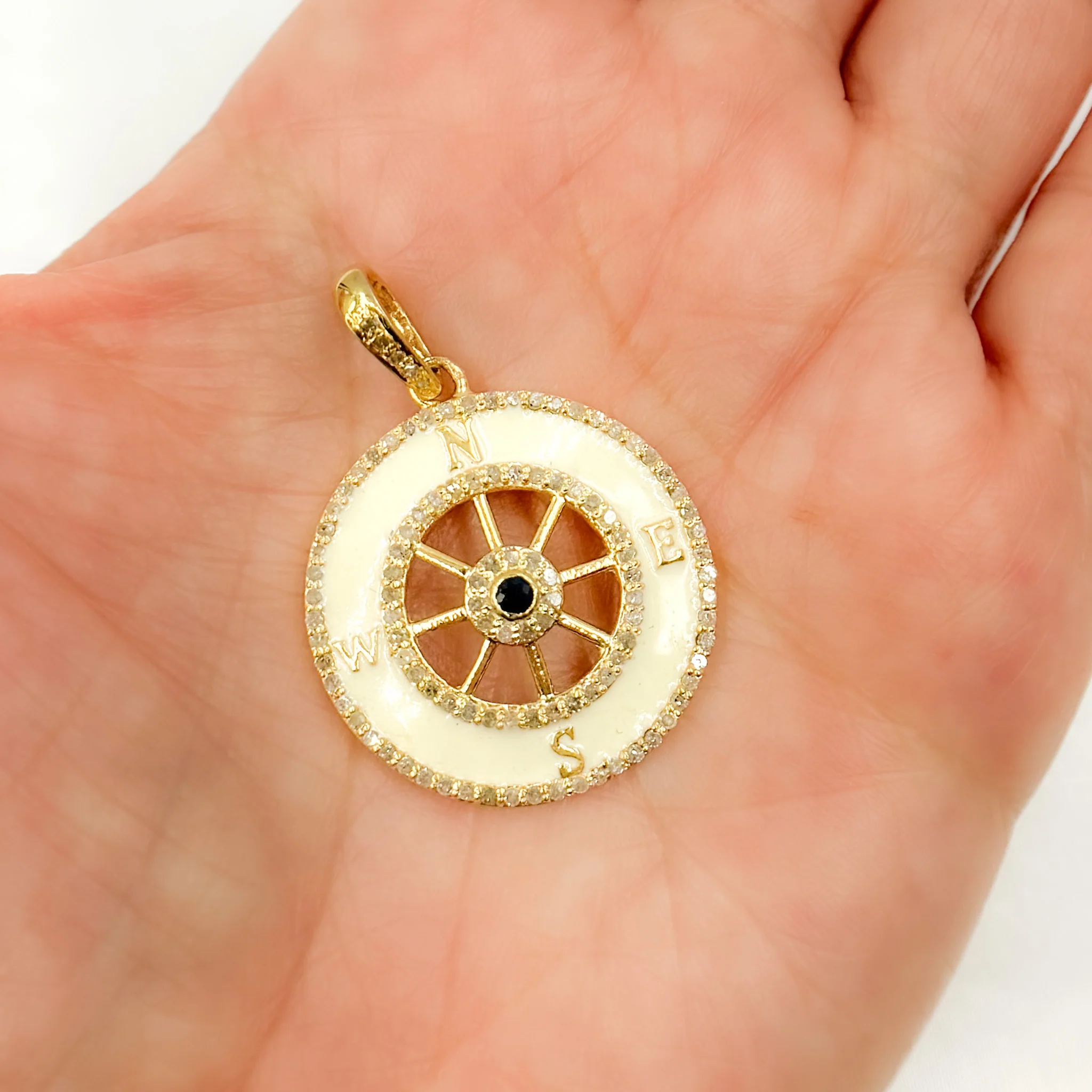 DP669A. Diamond Sterling Silver Round Compass Enamel Pendant with Gemstone - Image 2