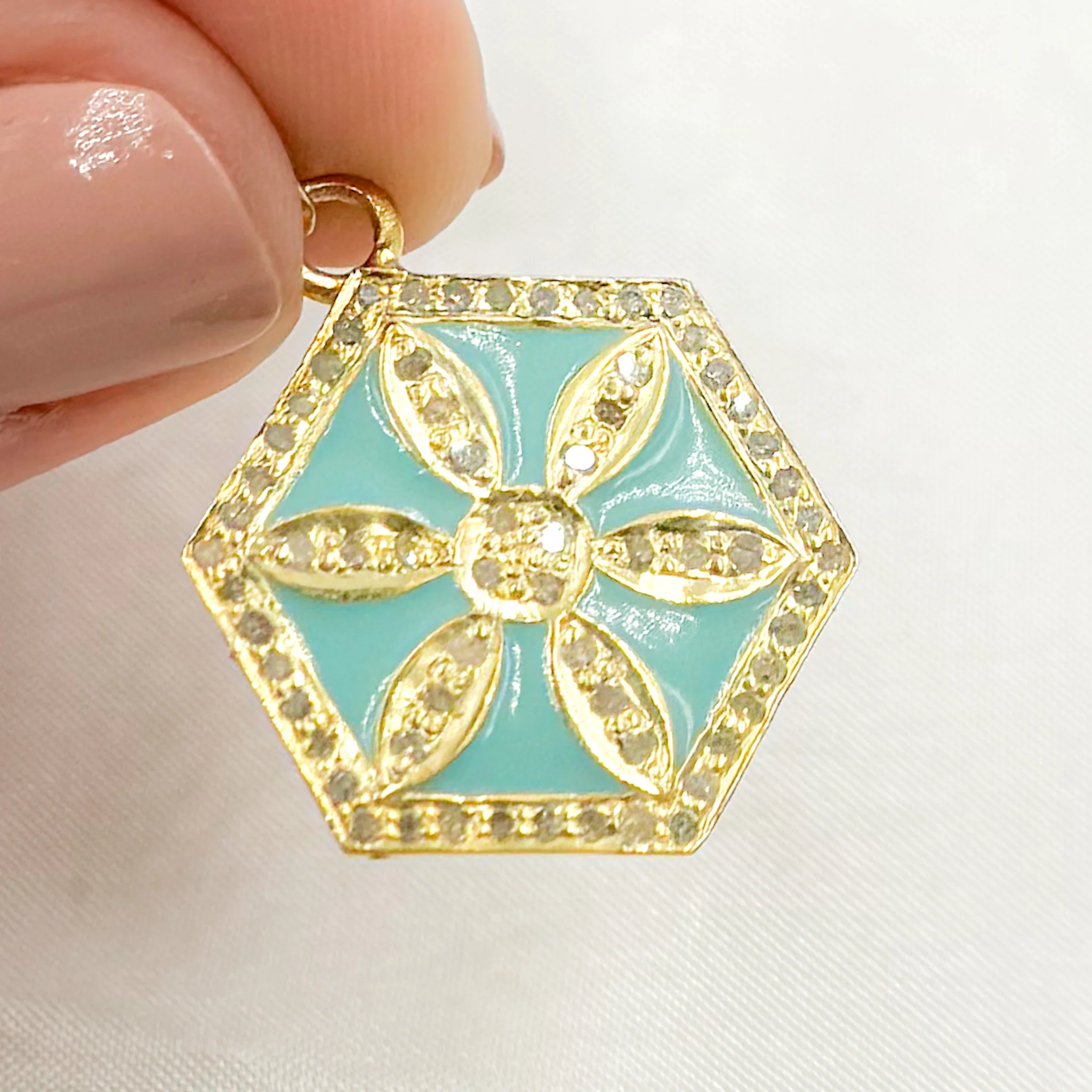 DP767A. Diamond Sterling Silver Hexagon Flower Enamel Pendant - Image 3