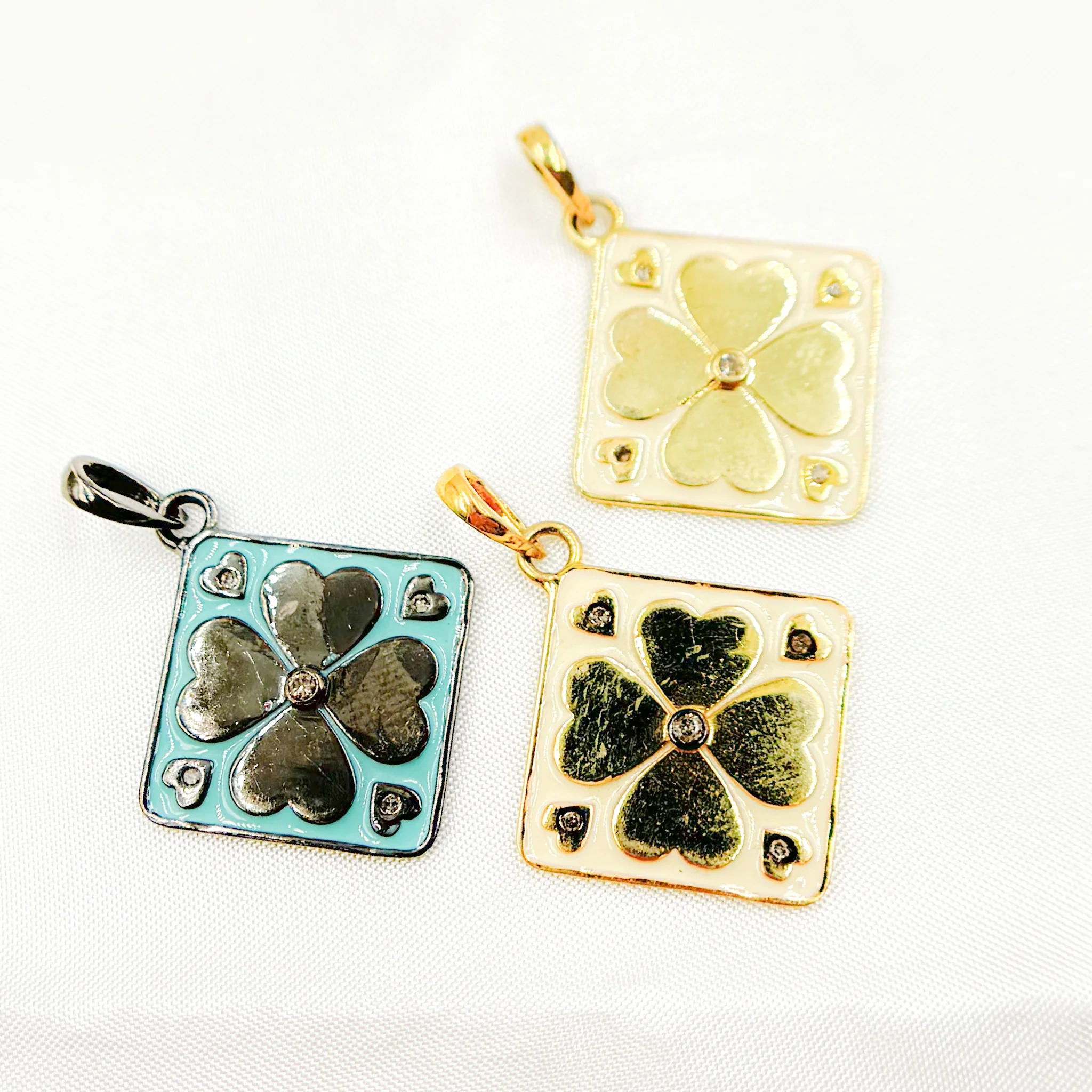DP781A. Diamond Sterling Silver Square Flower Enamel Pendant - Image 6