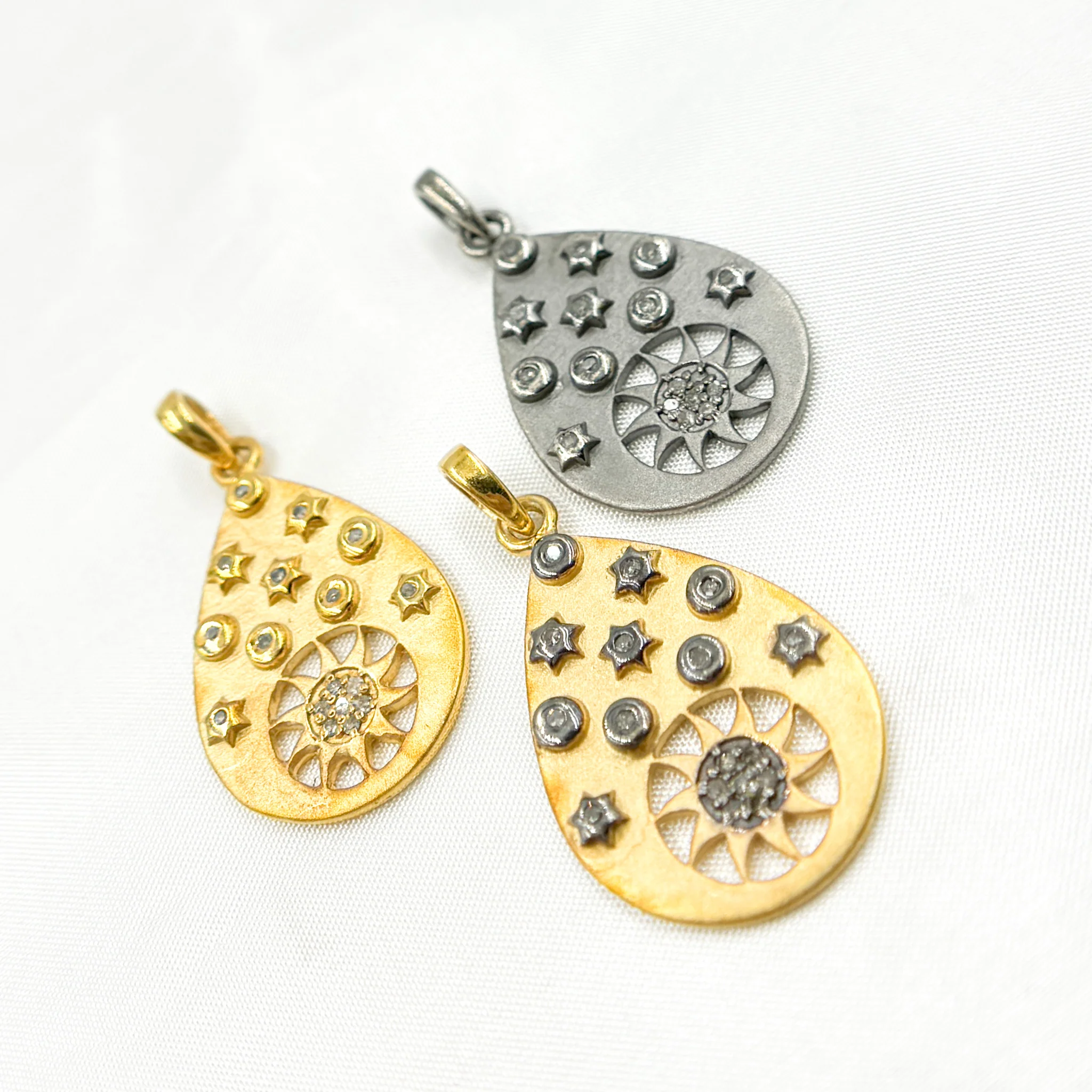 DP035. Diamond Sterling Silver Drop Sun and Star Pendant
