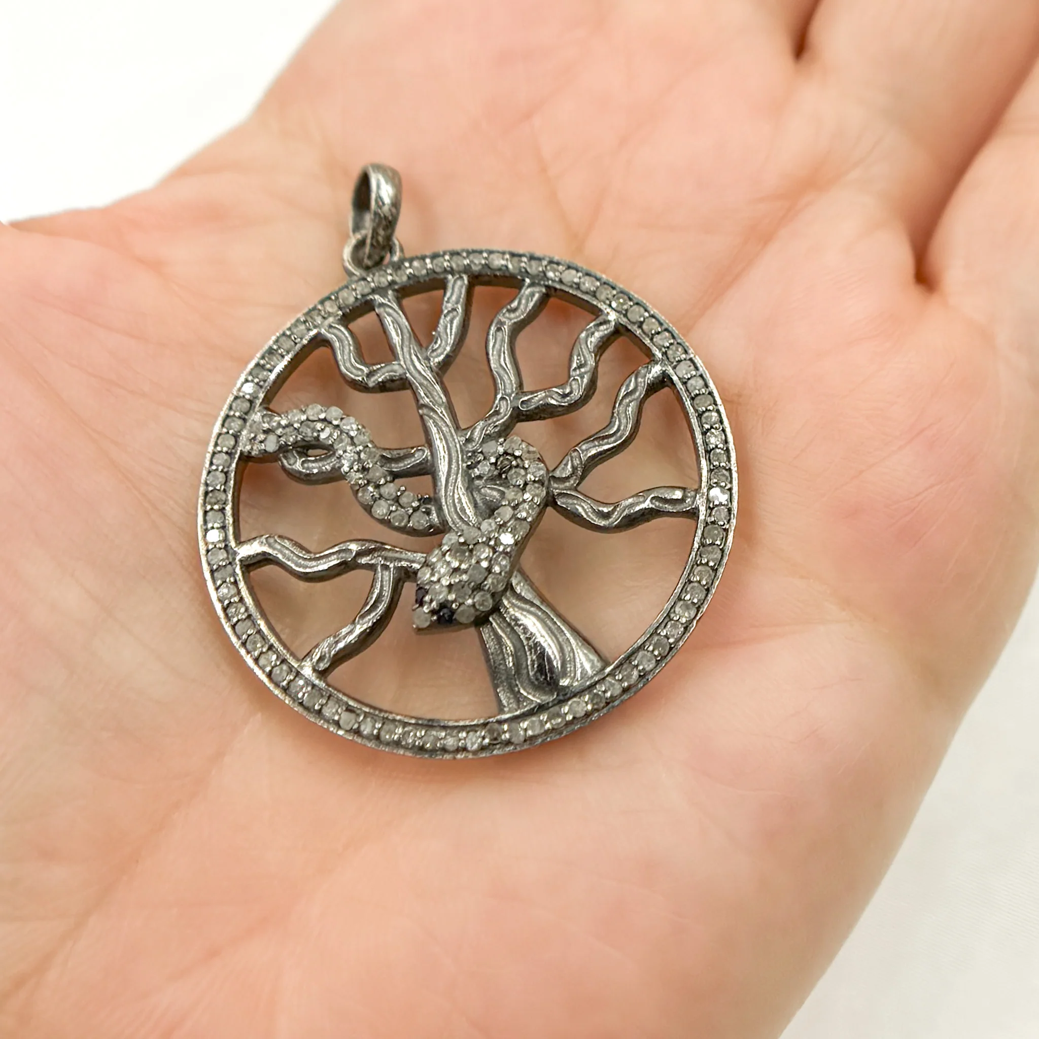 DP092. Diamond Silver Round Tree and Snake Pendant with Blue Sapphire - Image 2