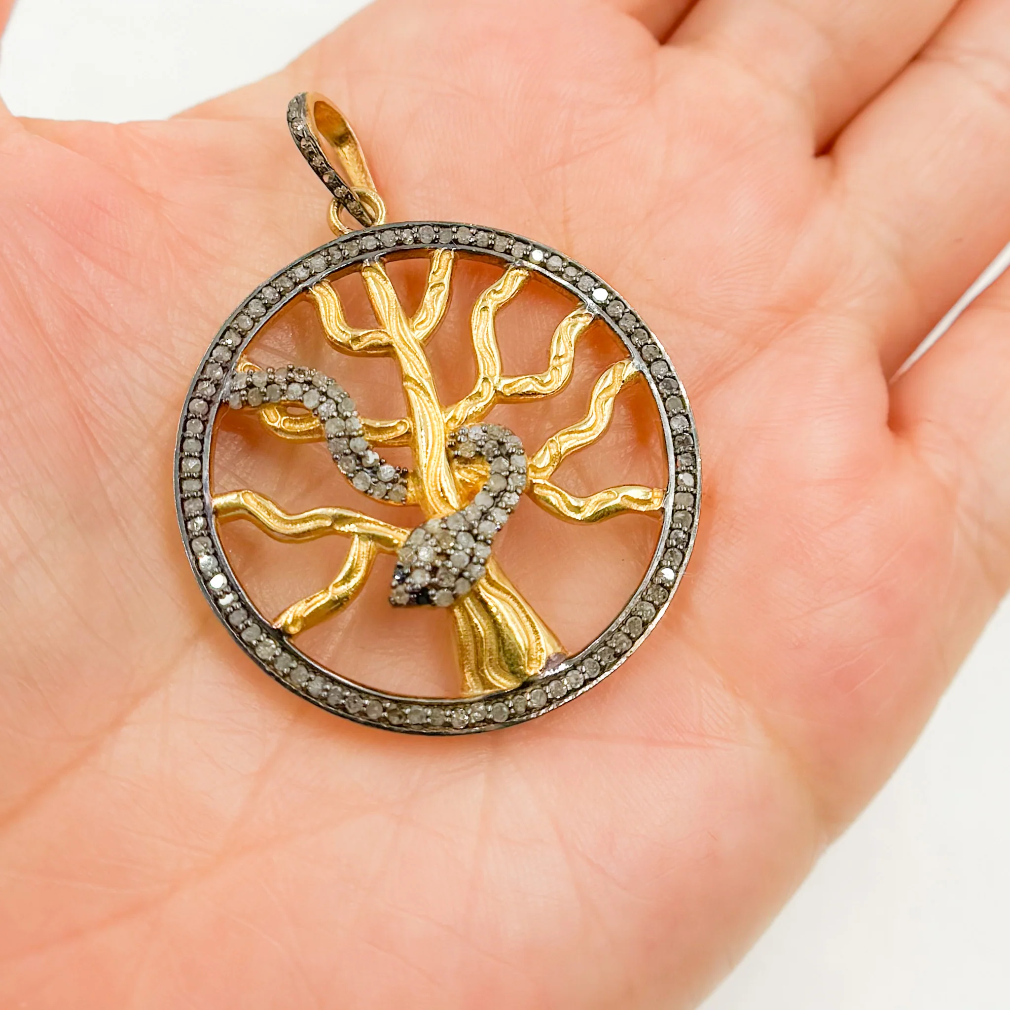 DP092. Diamond Silver Round Tree and Snake Pendant with Blue Sapphire - Image 3