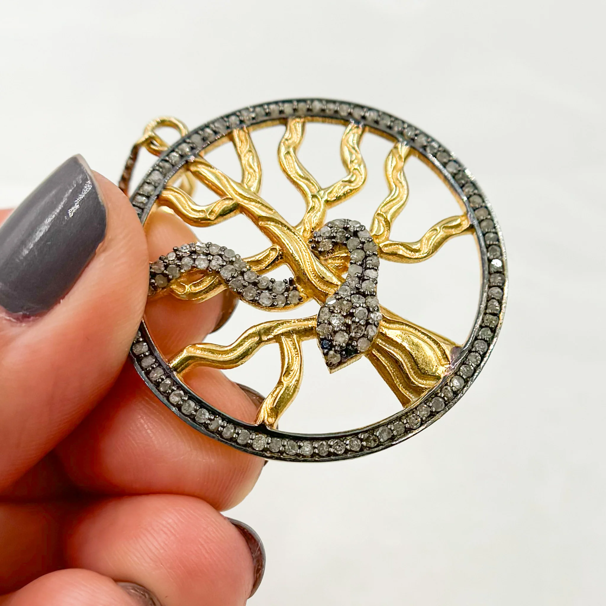 DP092. Diamond Silver Round Tree and Snake Pendant with Blue Sapphire - Image 4