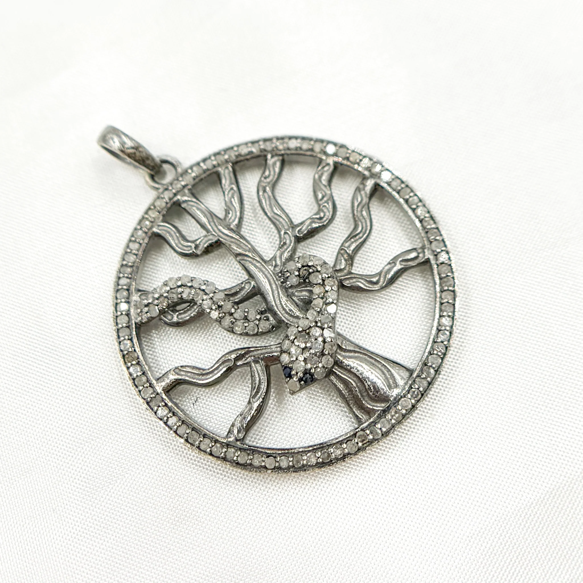 DP092. Diamond Silver Round Tree and Snake Pendant with Blue Sapphire - Image 6