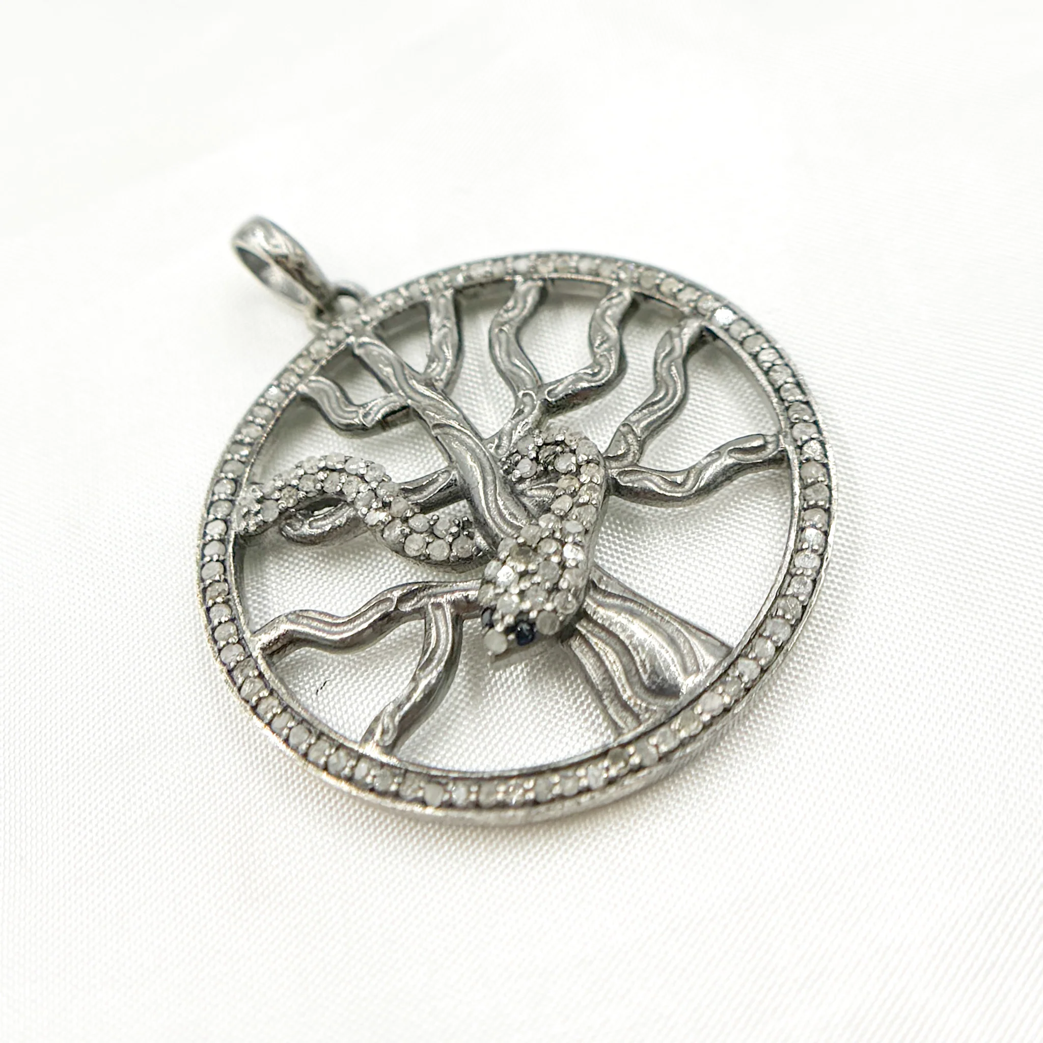DP092. Diamond Silver Round Tree and Snake Pendant with Blue Sapphire - Image 7