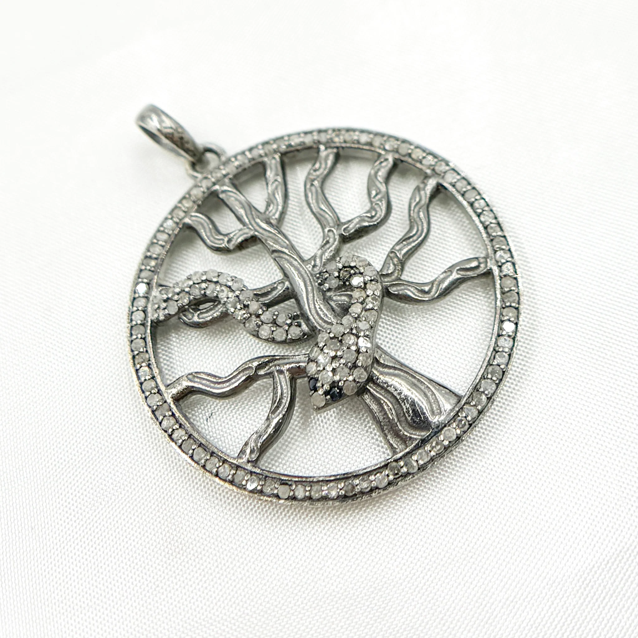 DP092. Diamond Silver Round Tree and Snake Pendant with Blue Sapphire - Image 8