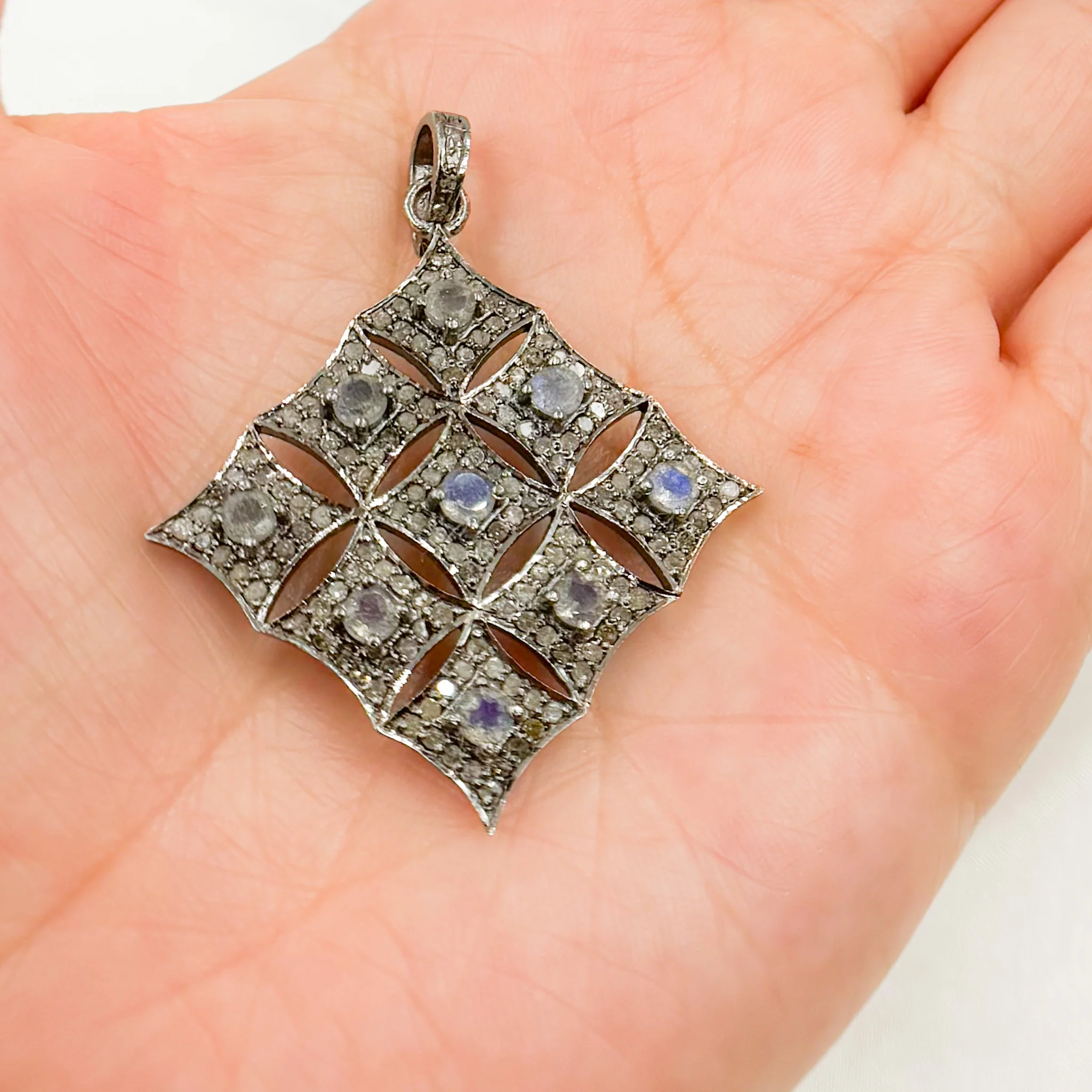 DP168. Diamond Sterling Silver Rhombus Shape Pendant with Gemstone - Image 2