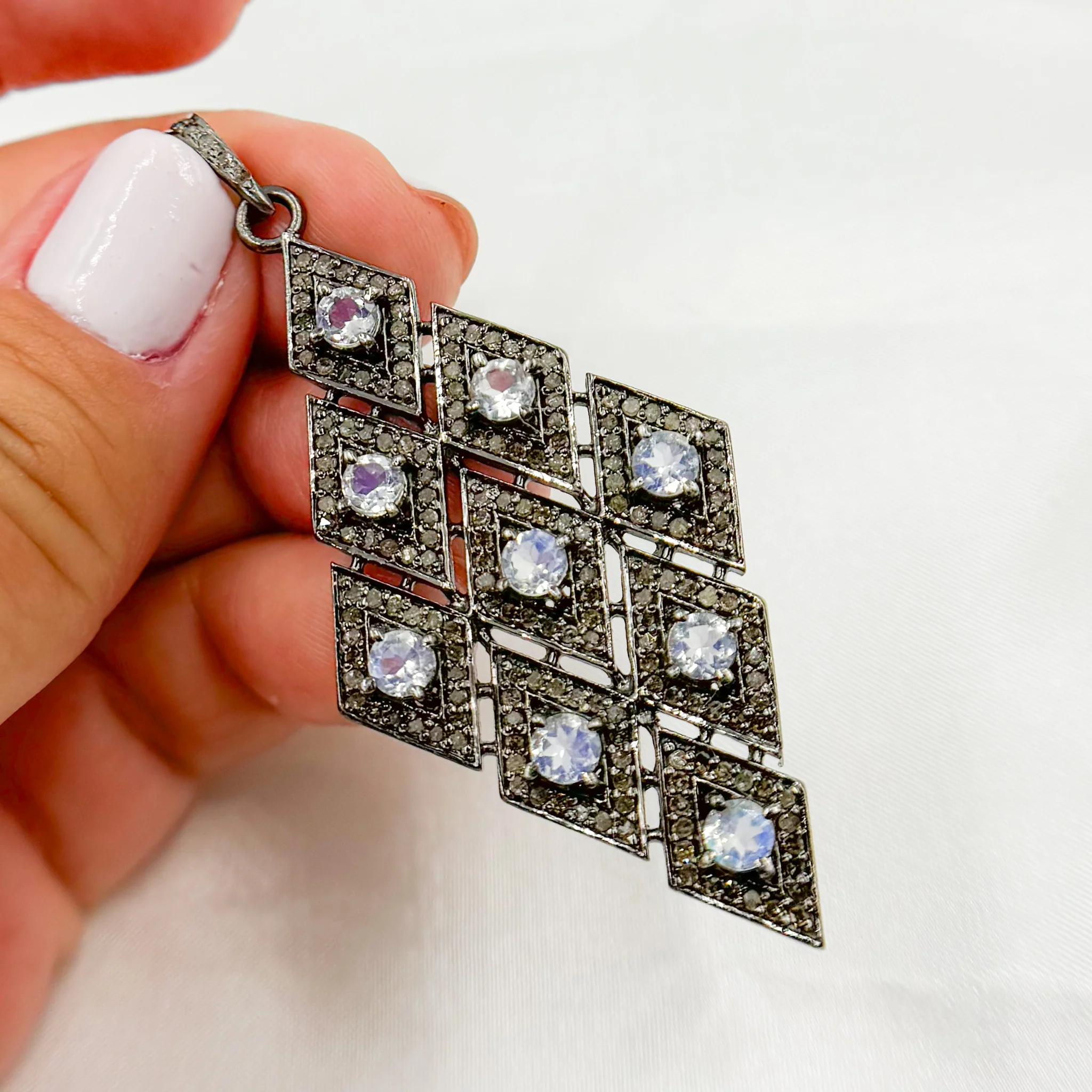 DP170. Diamond Sterling Silver Rhombus Shape Pendant with Gemstone - Image 3