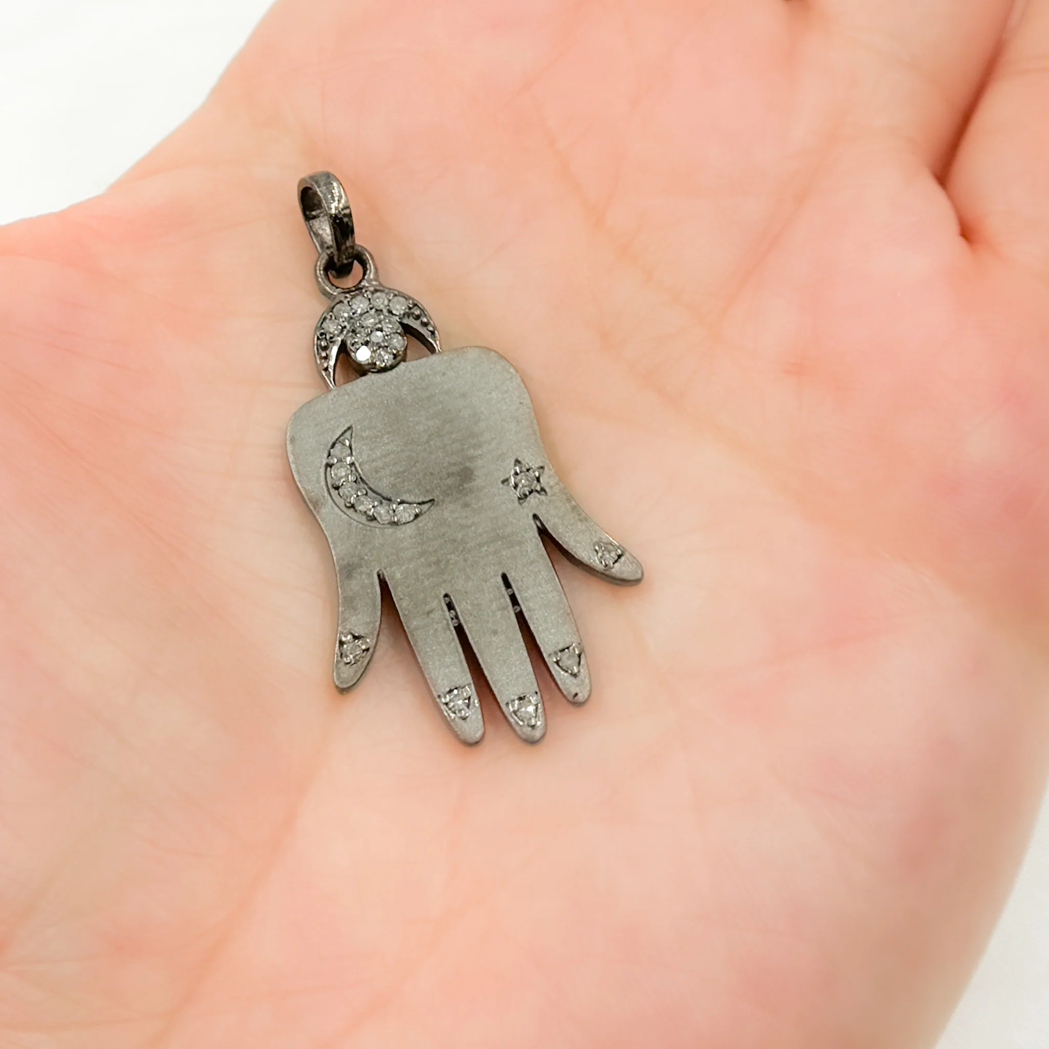 DP329. Diamond & Sterling Silver Moon & Star Hamsa Pendant - Image 2