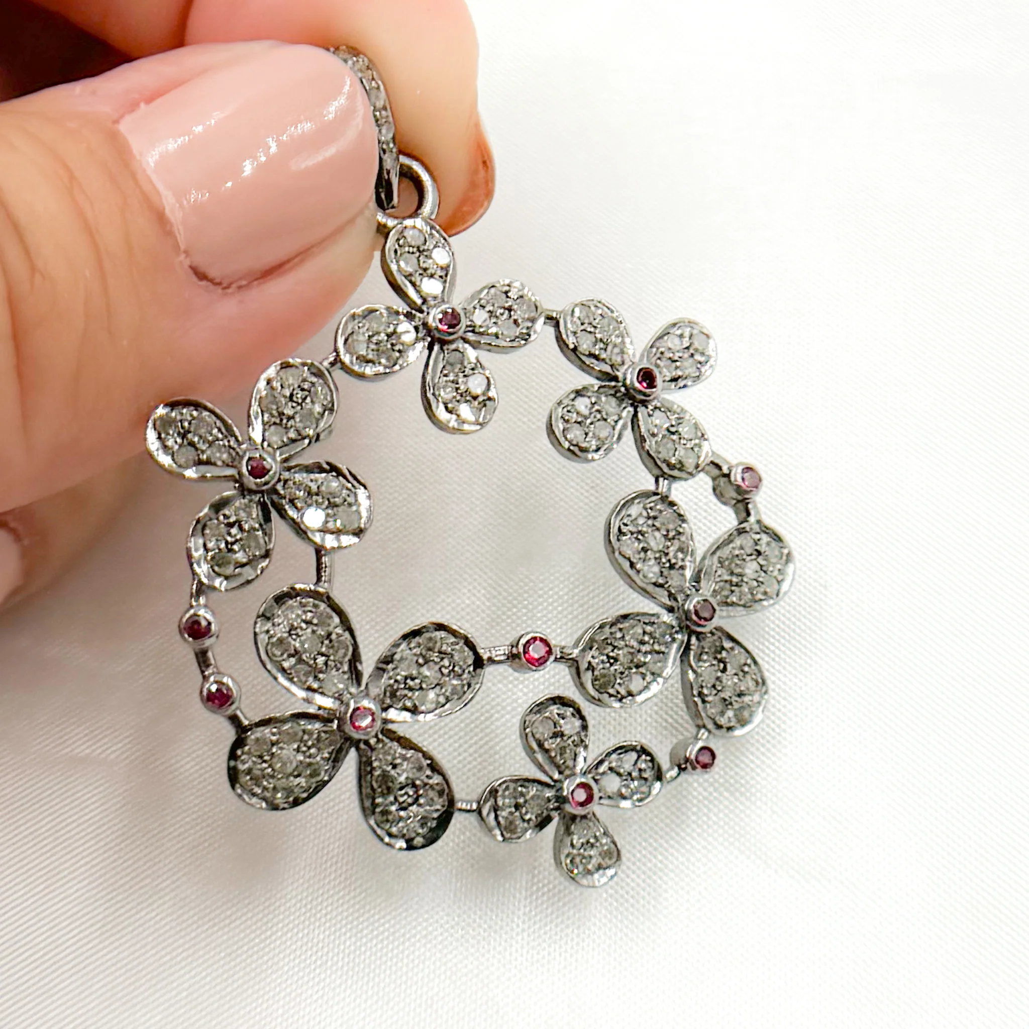 DP393. Diamond Sterling Silver Flower Pendant with Gemstone - Image 3