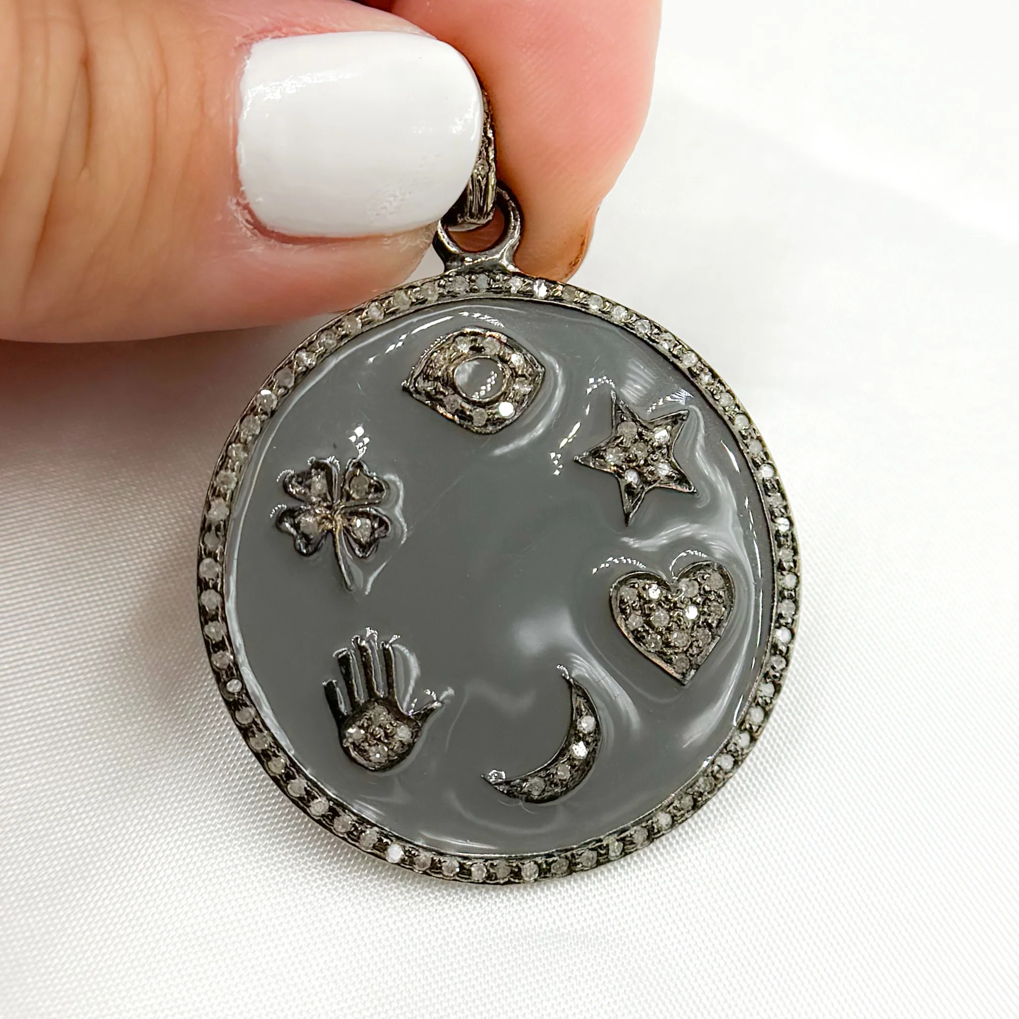 DP417A. Diamond Sterling Silver Round Enamel Pendant - Image 6