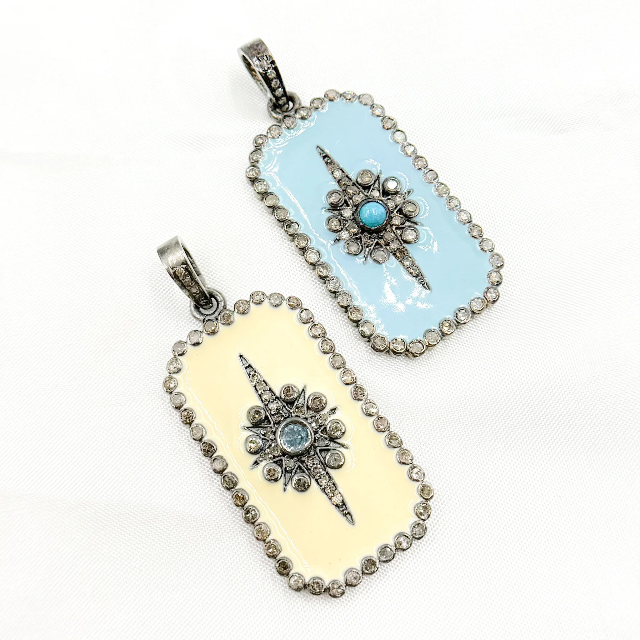 DP428A. Diamond Sterling Silver Rectangle Enamel Pendant with Gemstone - Image 3