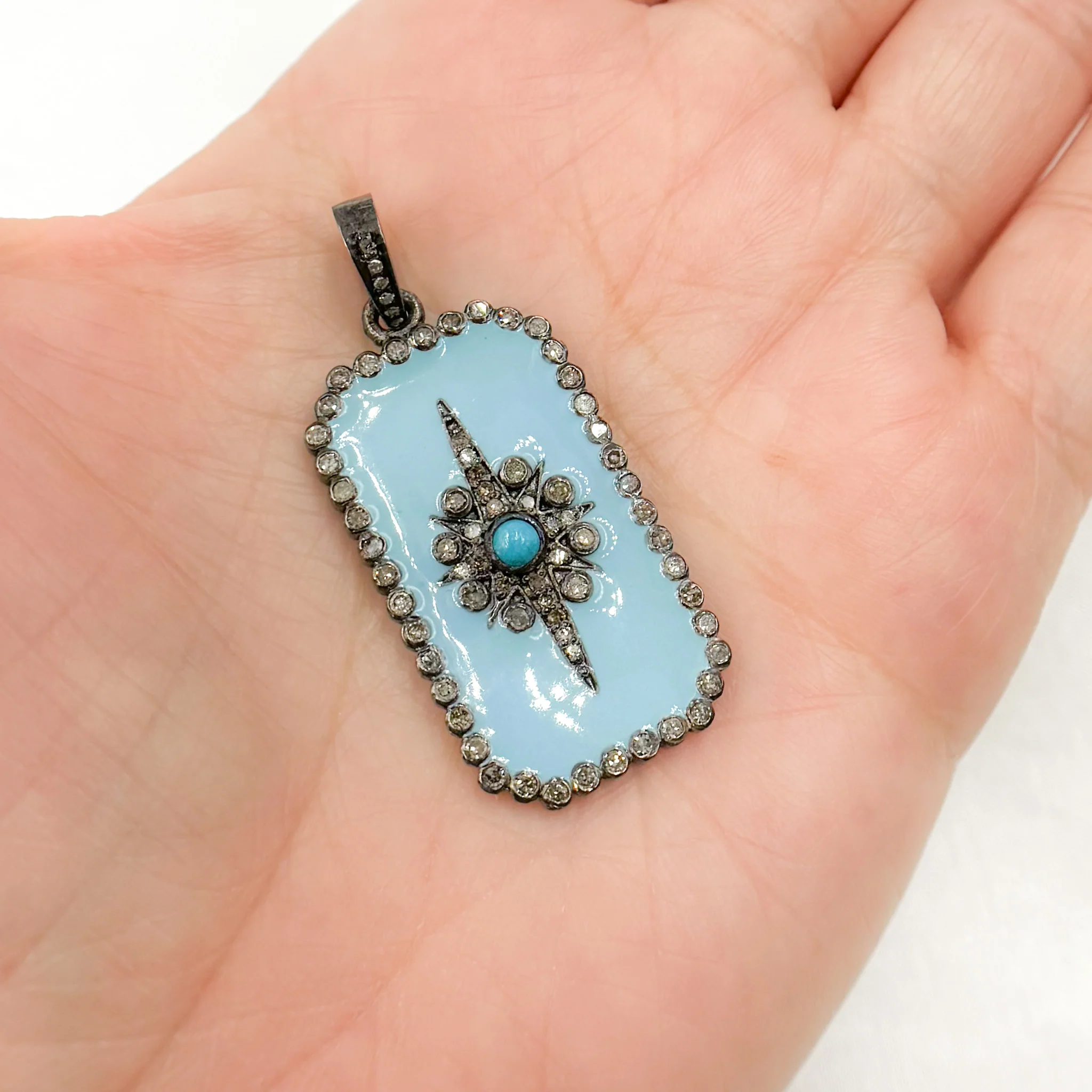 DP428A. Diamond Sterling Silver Rectangle Enamel Pendant with Gemstone - Image 4