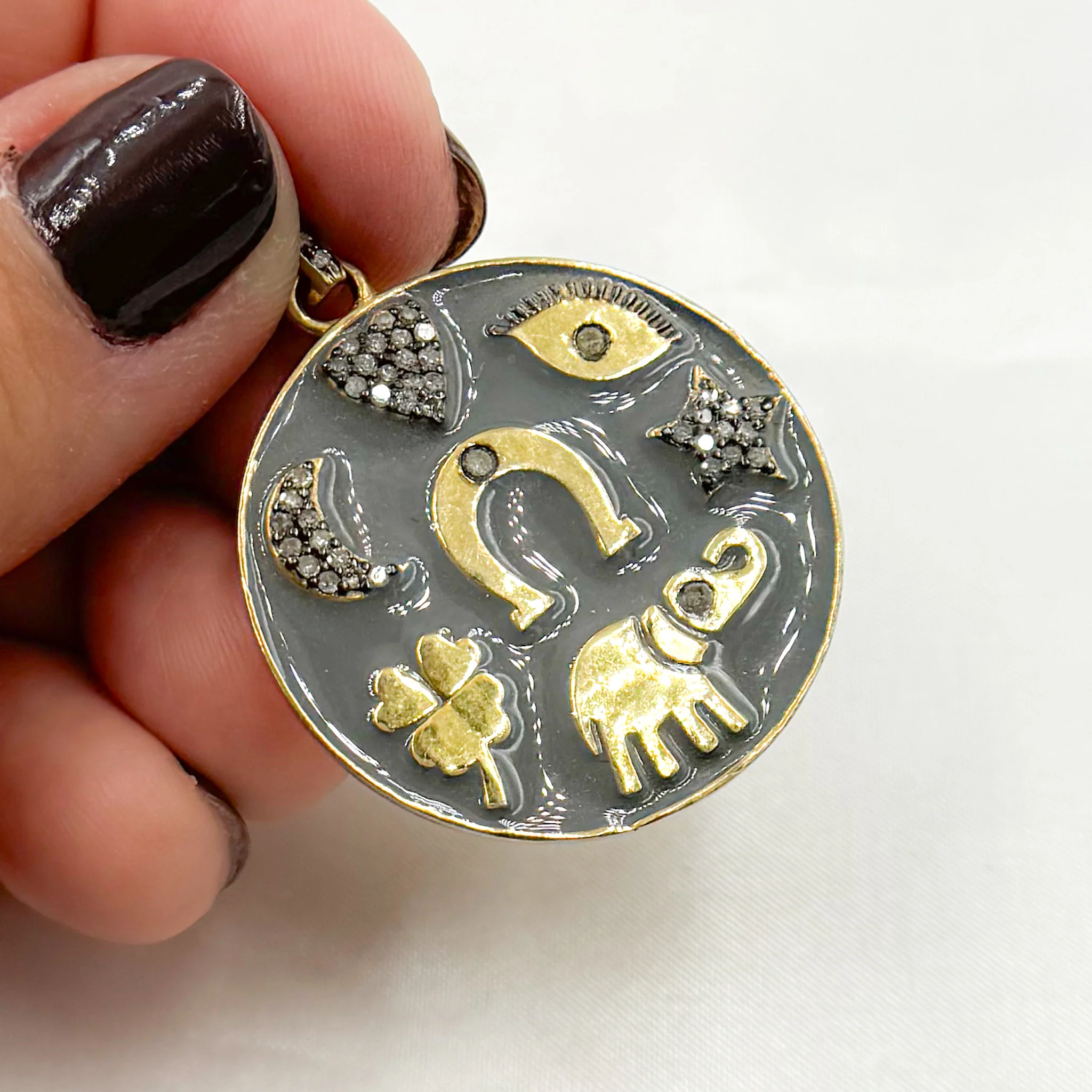 DP602A. Diamond Sterling Silver Lucky Symbols Enamel Pendant - Image 4