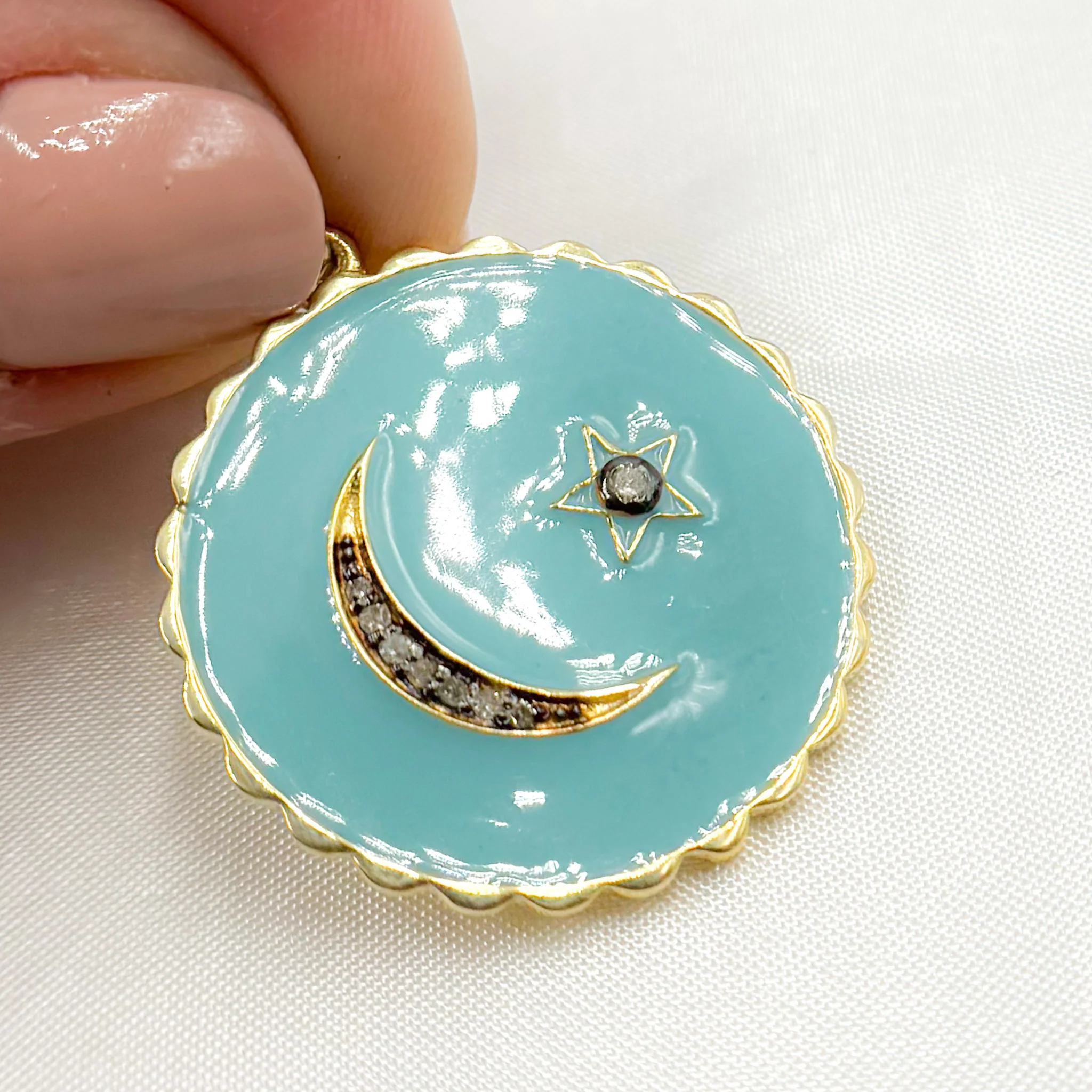 DP747A. Diamond Sterling Silver Round Moon and Star Enamel Pendant - Image 6