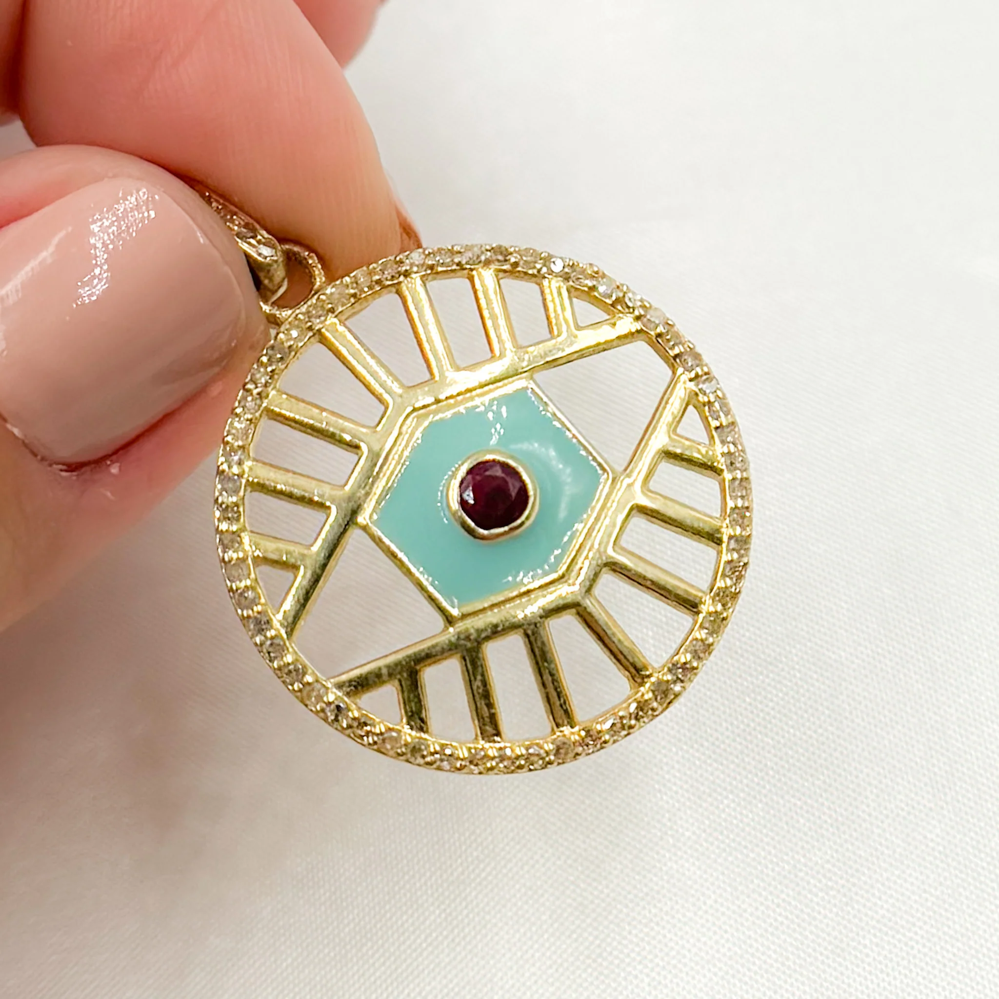 DP850A. Diamond Sterling Silver Round Eye Enamel Pendant with Gemstone - Image 3