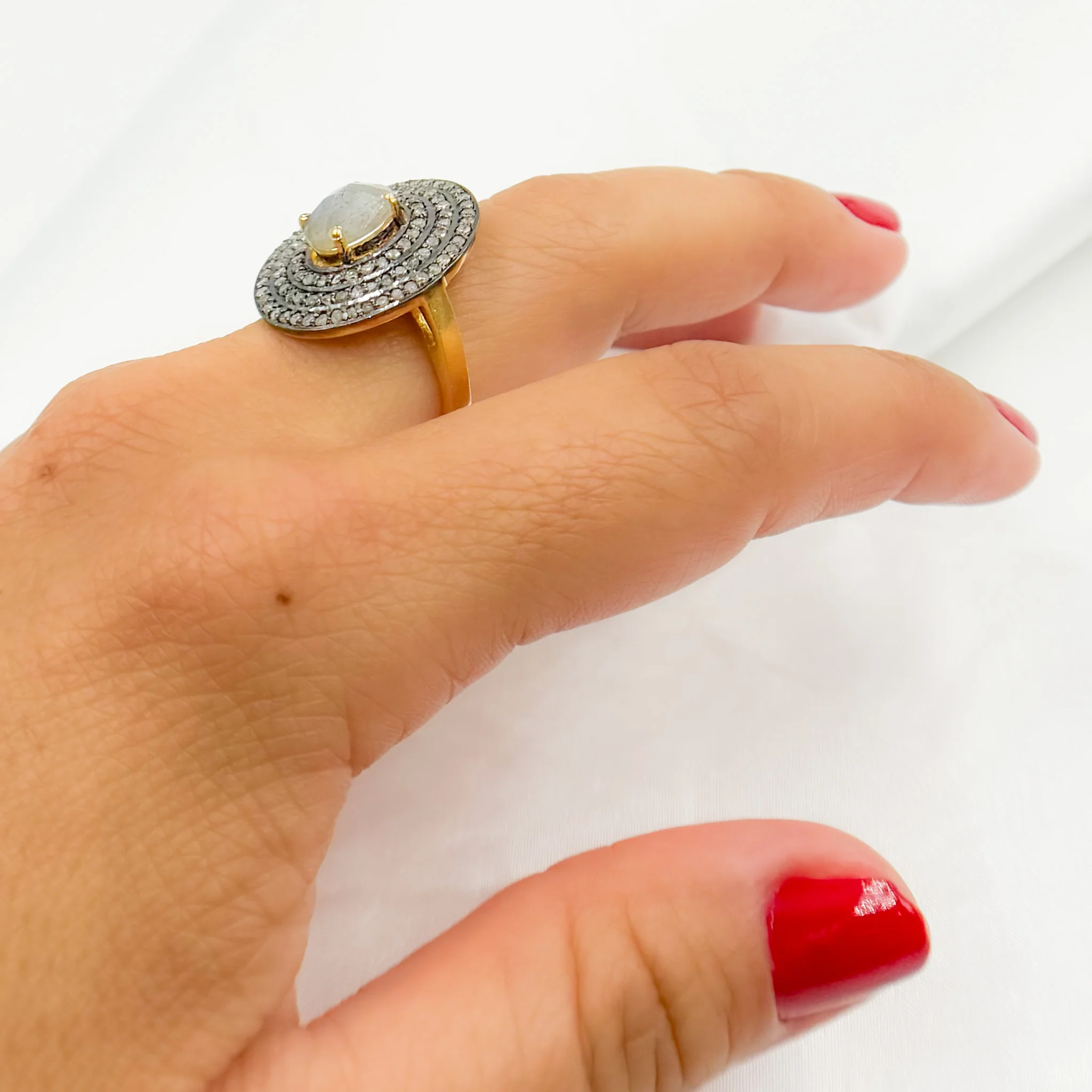 DR16. Diamond Sterling Silver Two-Tone Oval Ring with Gemstone - Image 4