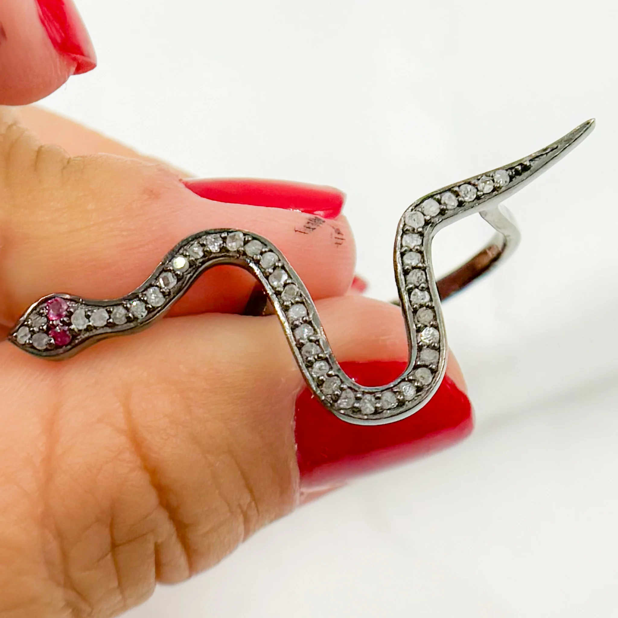 DR015. Diamond Sterling Silver Snake Ring with Gemstone - Image 9