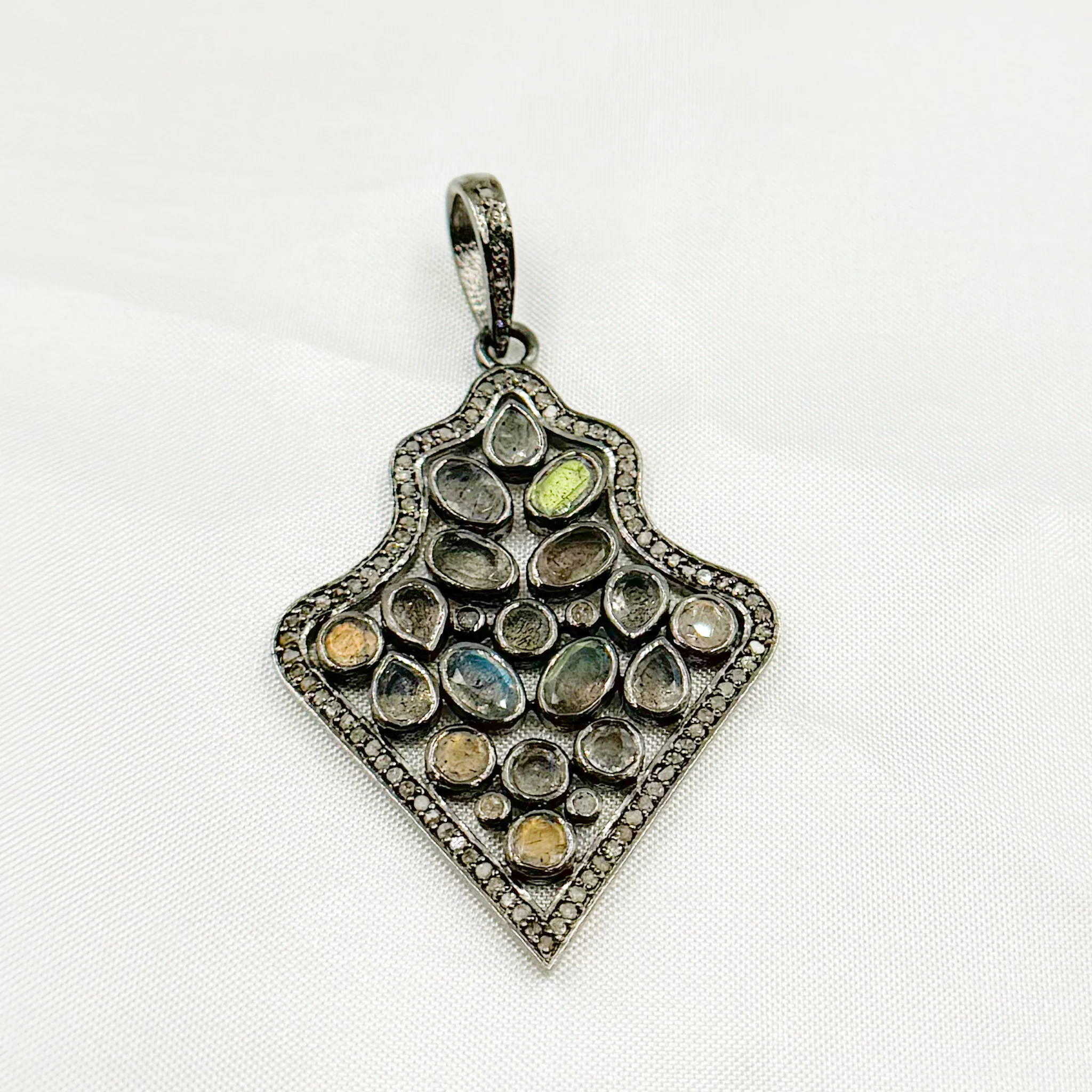 DSP012. Diamond Sterling Silver Fancy Shape Pendant with Gemstone - Image 5
