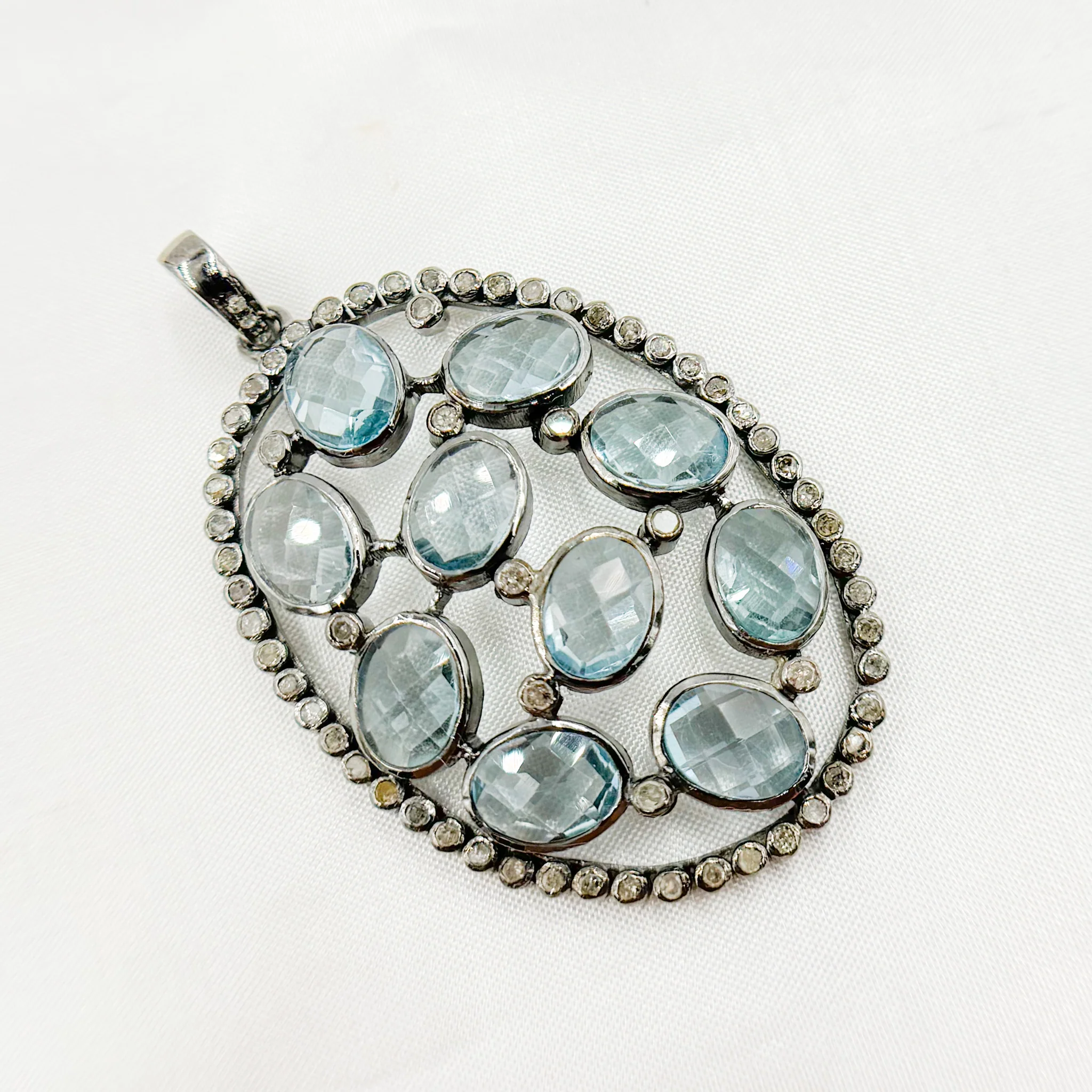 DSP018. Diamond Sterling Silver Oval Pendant With Gemstone - Image 2