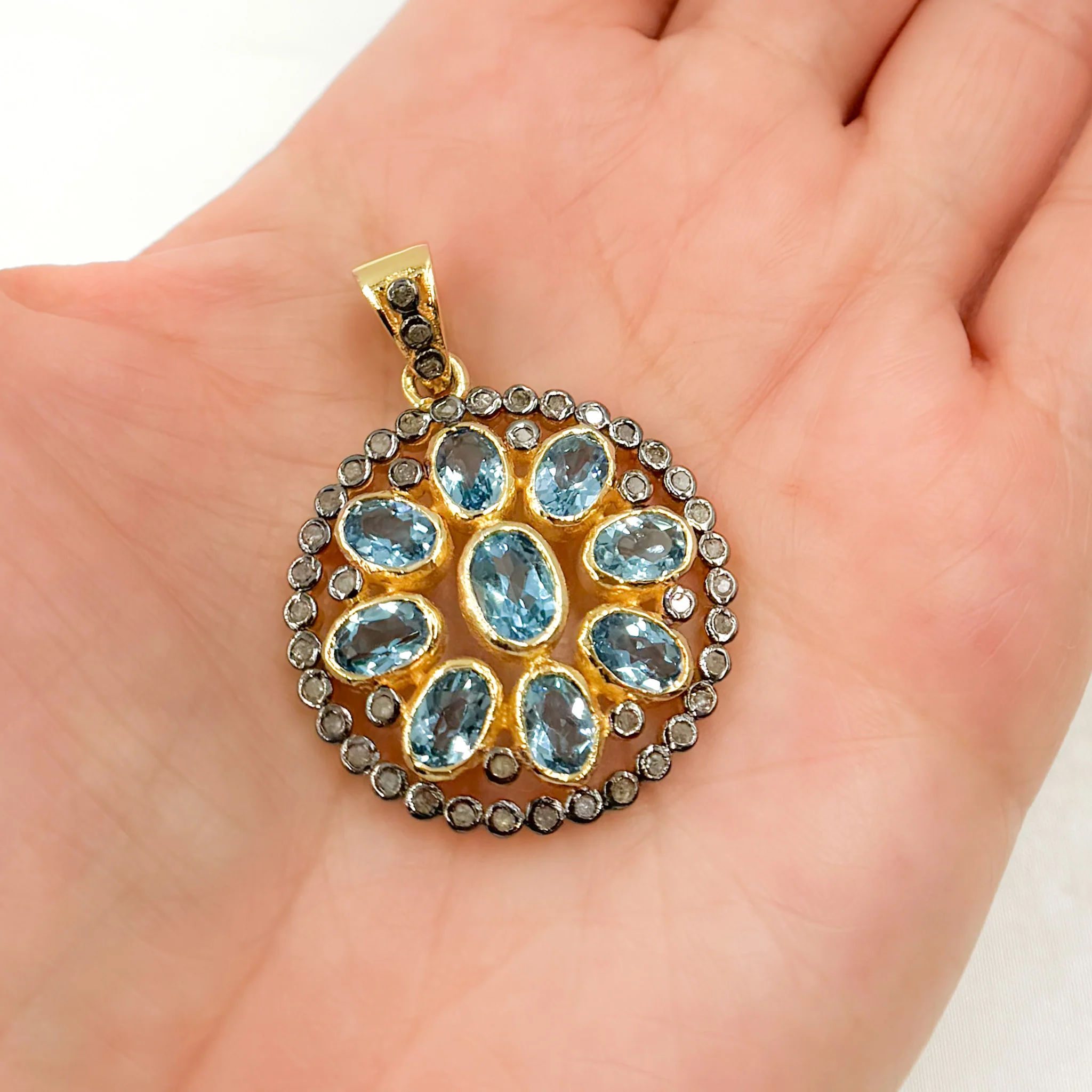 DSP023. Diamond Sterling Silver Round Flower Pendant with Gemstone - Image 3