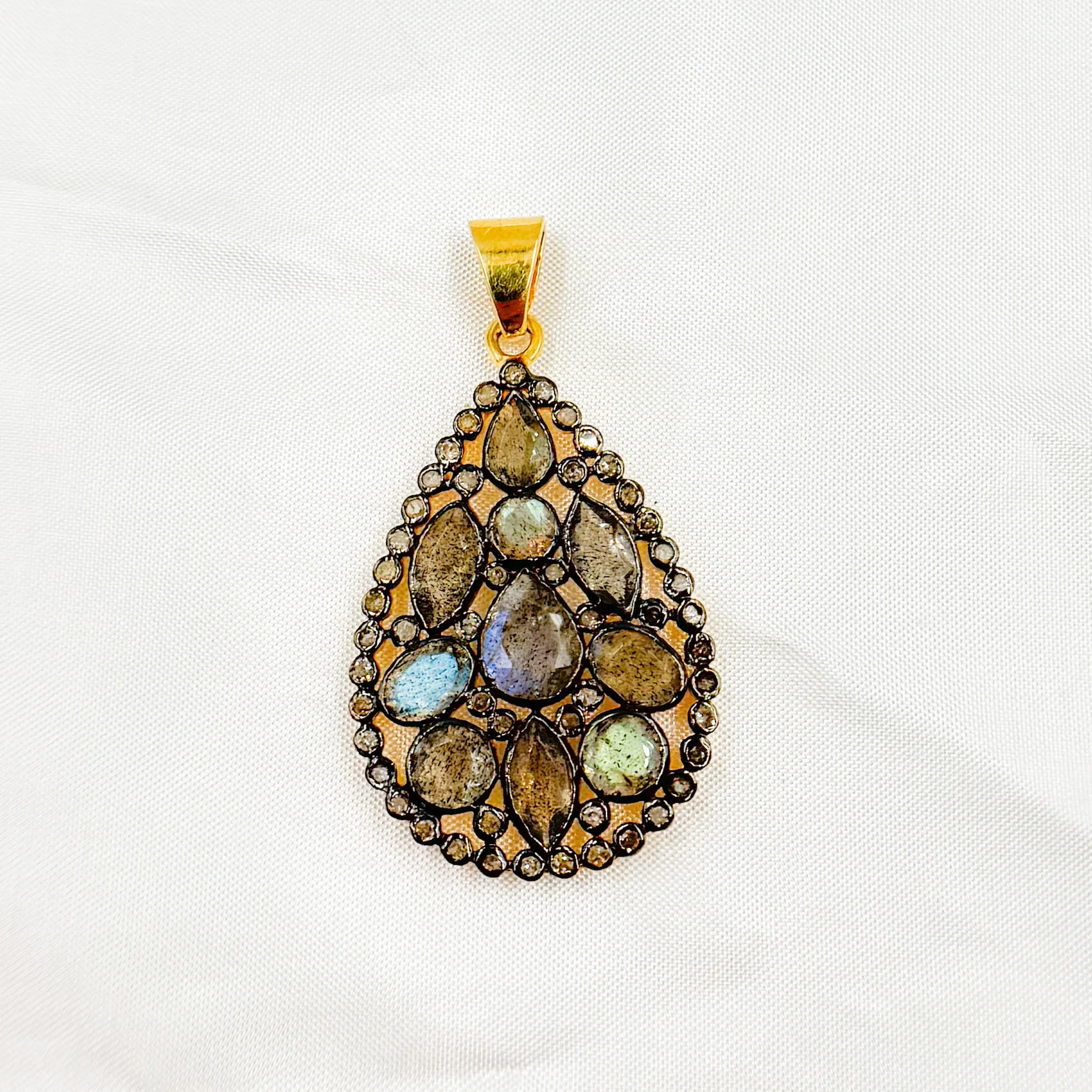 DSP043. Diamond Sterling Silver Drop Pendant with Gemstones - Image 3