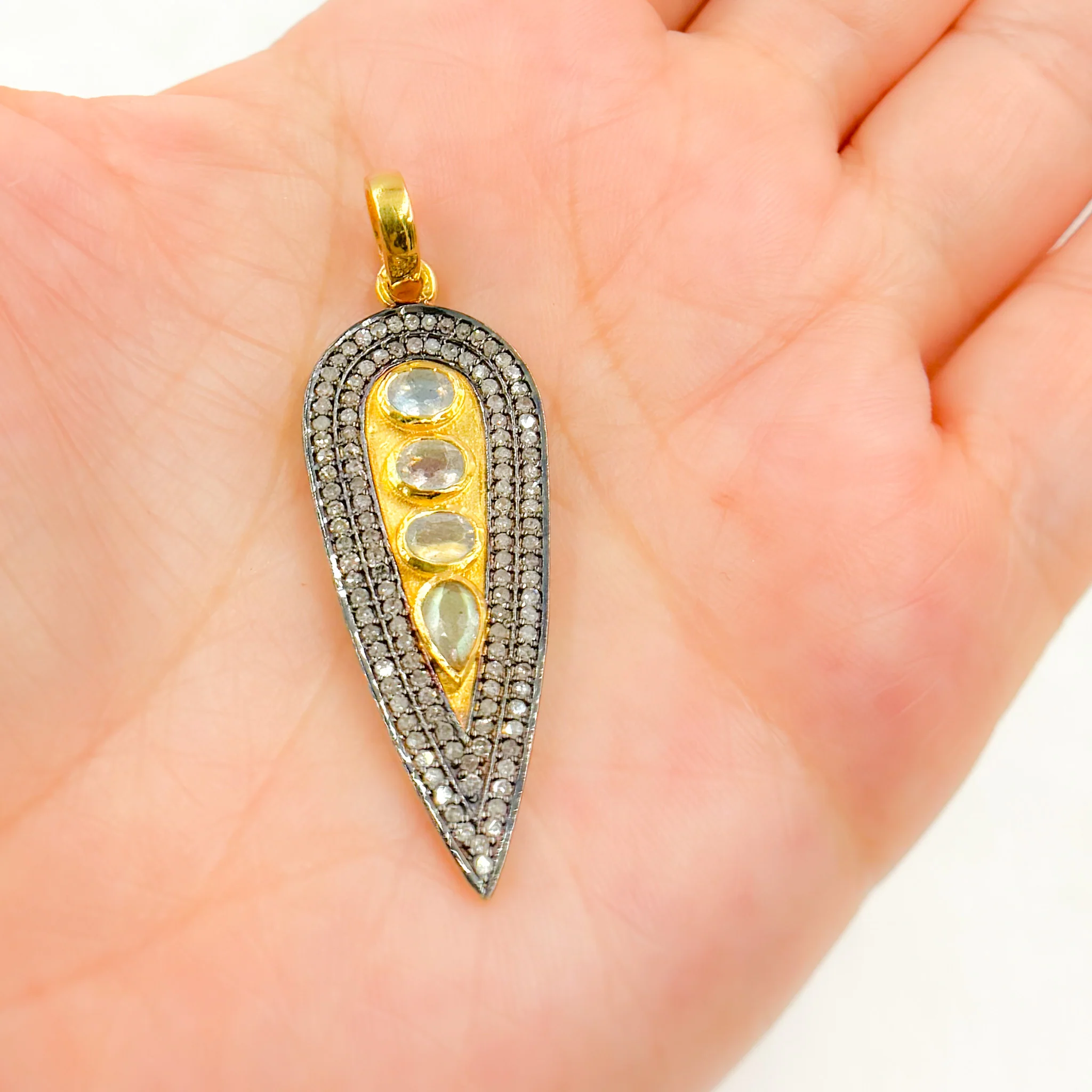DSP055. Diamond Silver Long Drop Pendant with Gemstone - Image 2