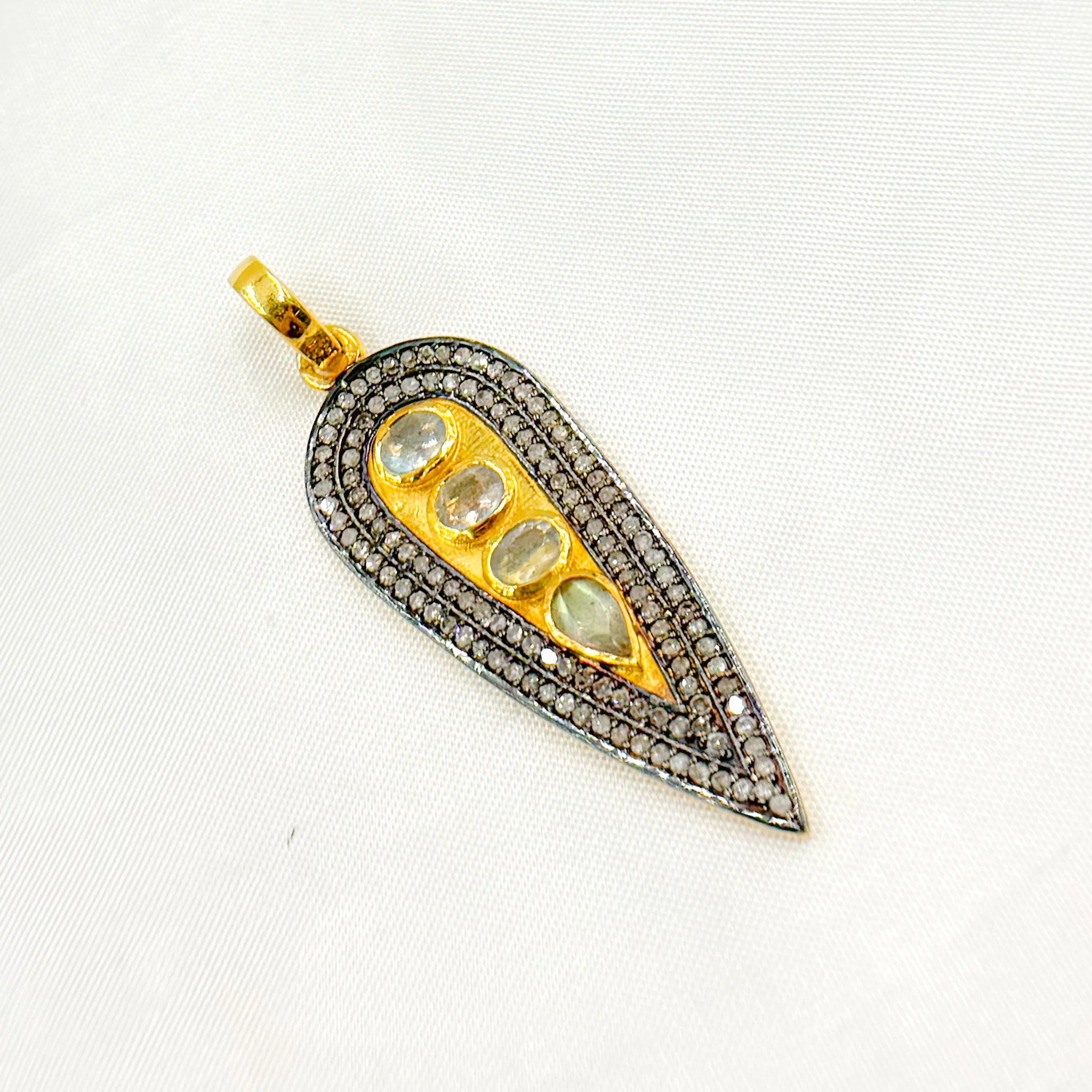 DSP055. Diamond Silver Long Drop Pendant with Gemstone - Image 4
