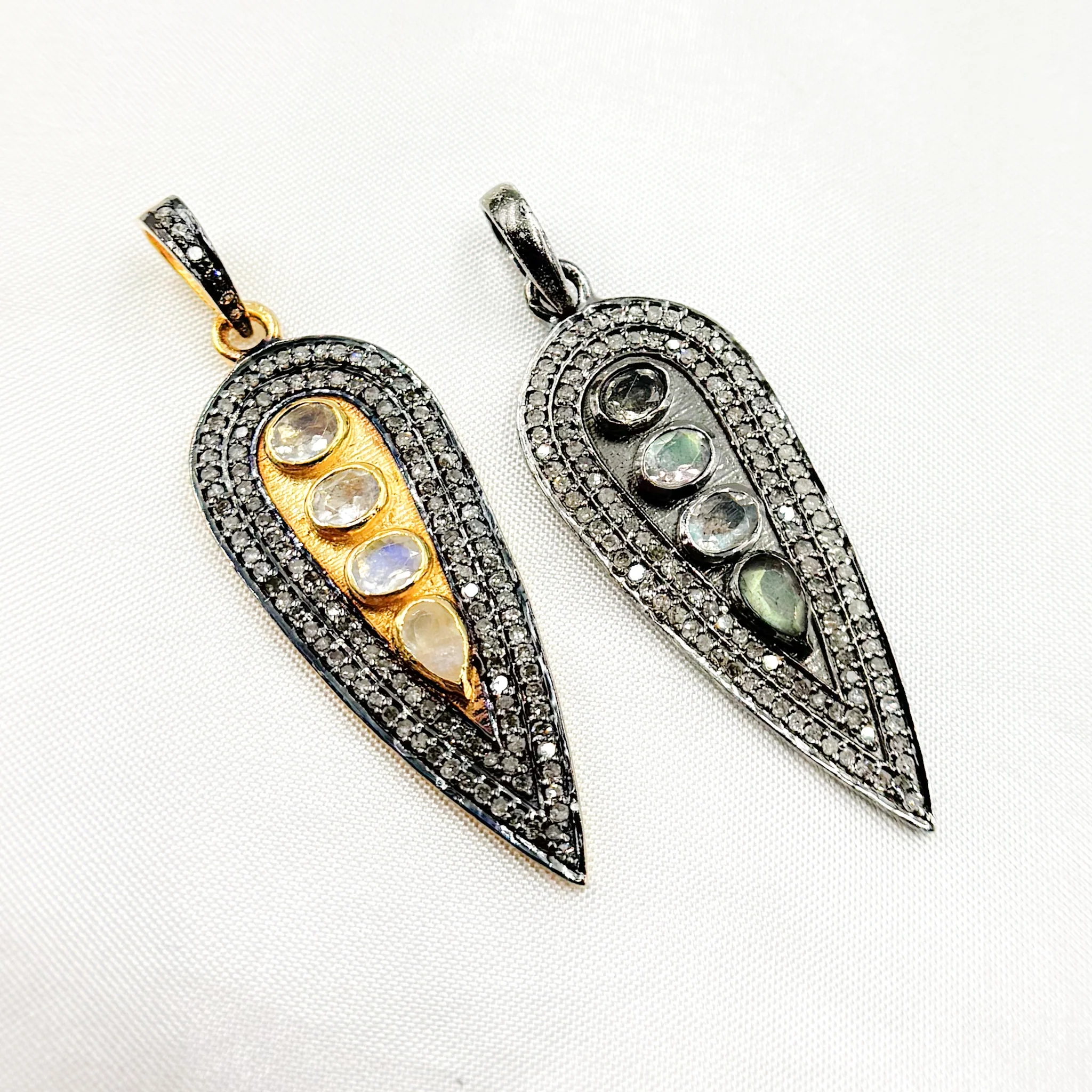 DSP055. Diamond Silver Long Drop Pendant with Gemstone - Image 7