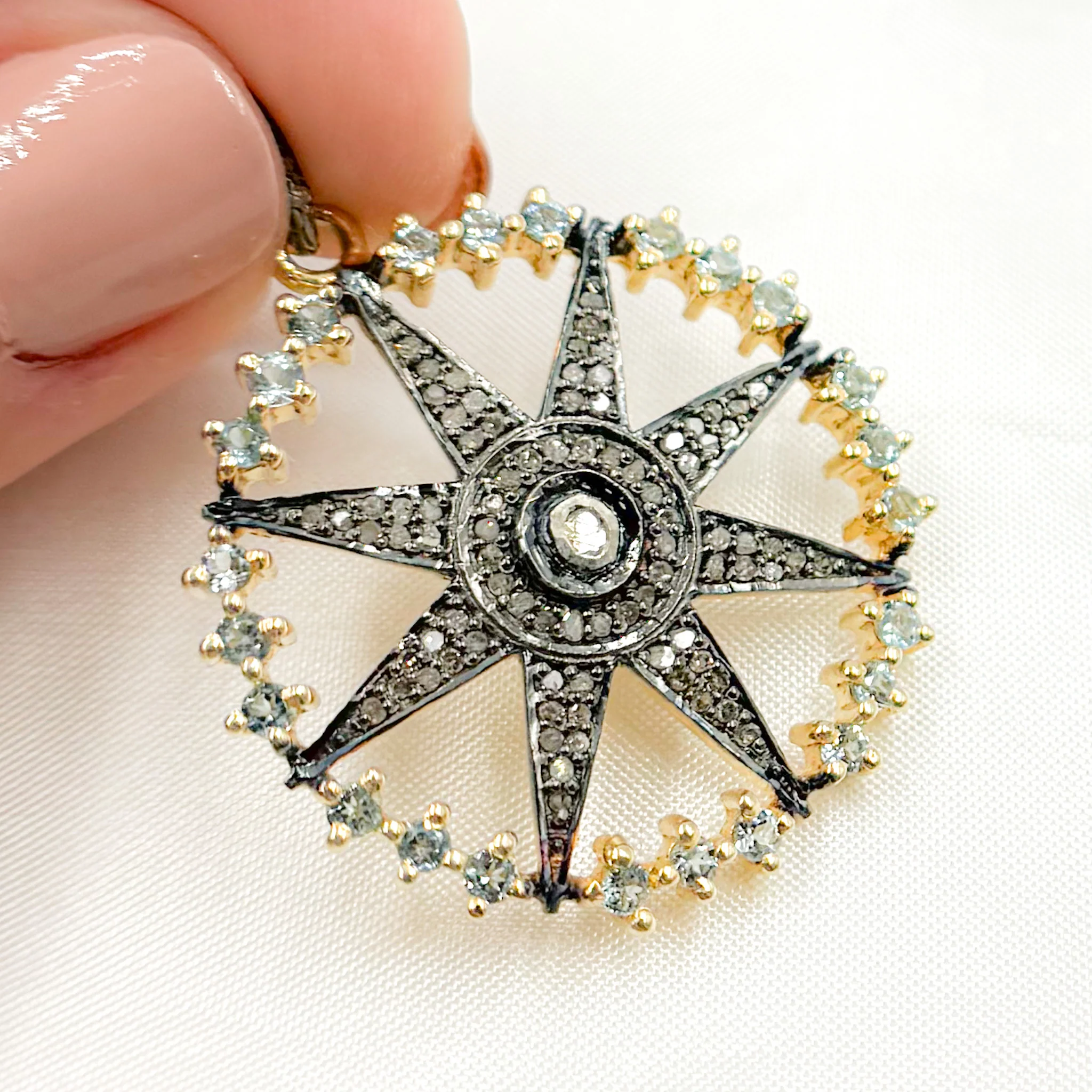 DSP065. Diamond Sterling Silver Round Star Pendant with Polki Diamond and Gemstone - Image 19