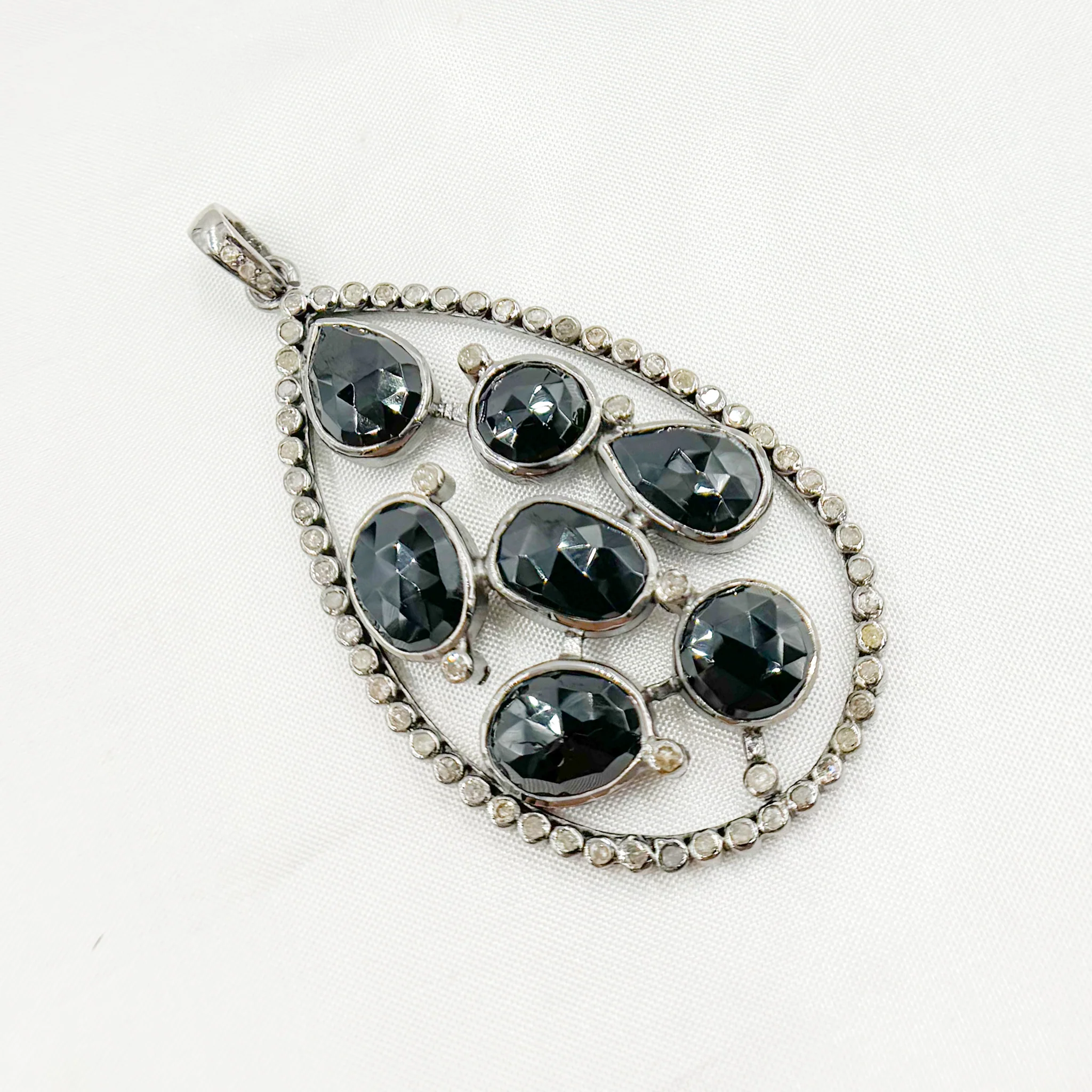 DSP20. Diamond Sterling Silver Black Rhodium Black Spinel Drop Pendant - Image 3