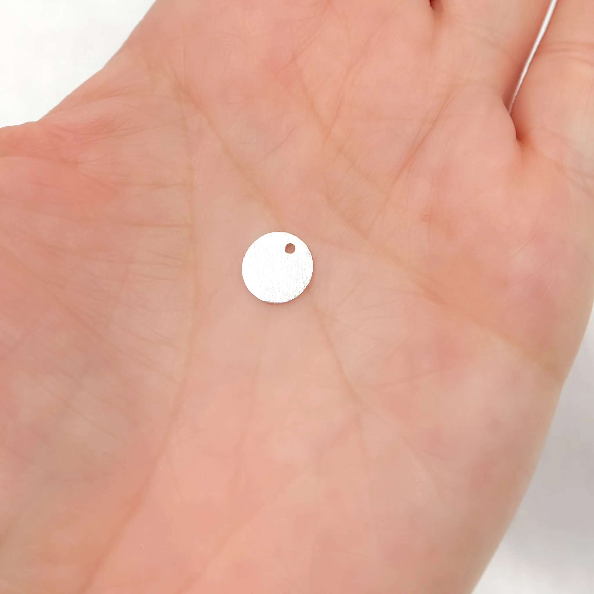 DSS2. 8MM White Sterling Silver Brushed Round Flat Disc Charm with a Single Hole - Image 2