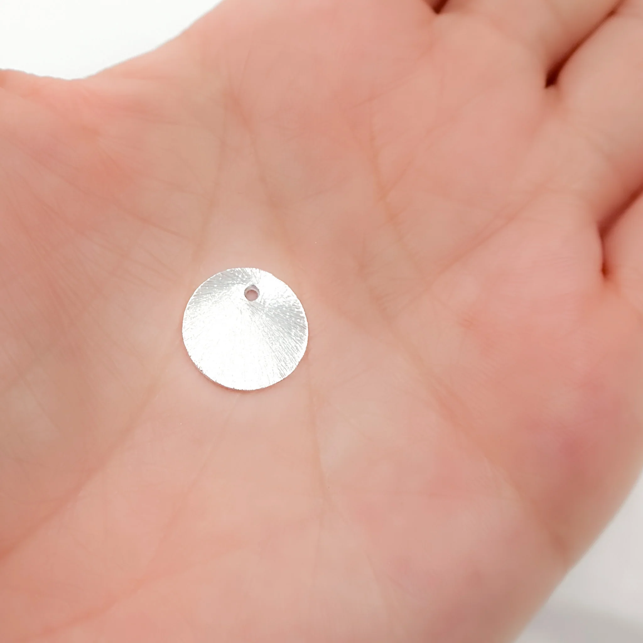 DSS4. 12MM White Sterling Silver Brushed Round Flat Disc Charm with a Single Hole