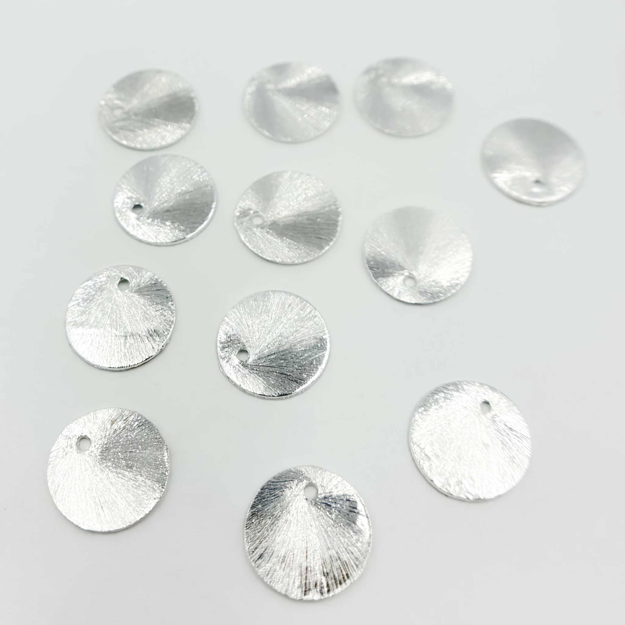 DSS4. 12MM White Sterling Silver Brushed Round Flat Disc Charm with a Single Hole - Image 2
