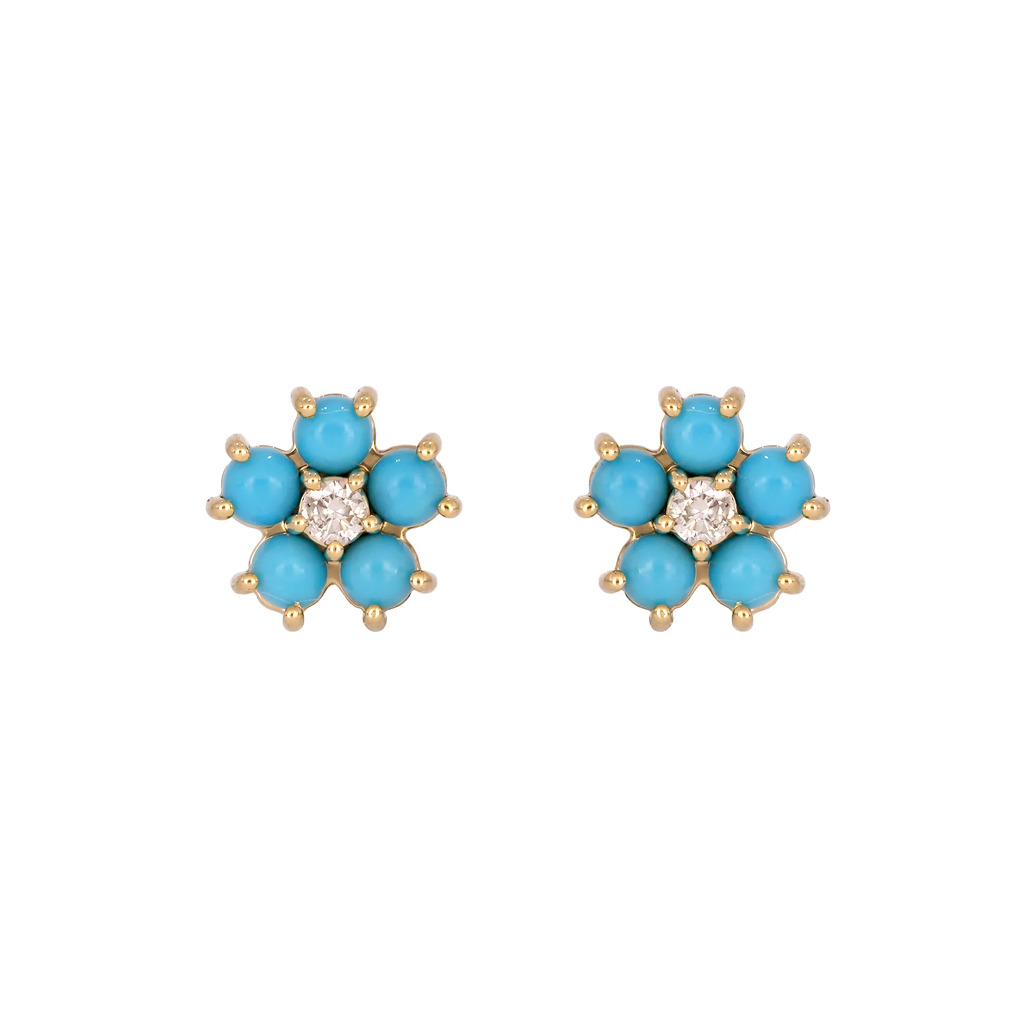 EFA53609TQ. 14K Solid Yellow Gold Diamond and Turquoise Flower Stud Earring