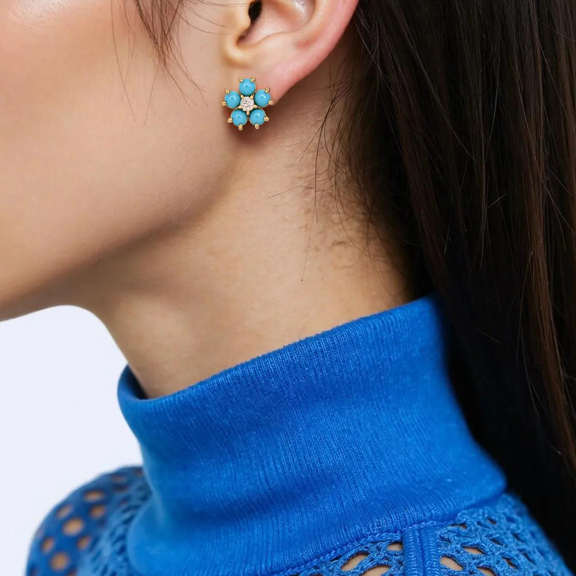 EFA53609TQ. 14K Solid Yellow Gold Diamond and Turquoise Flower Stud Earring - Image 2