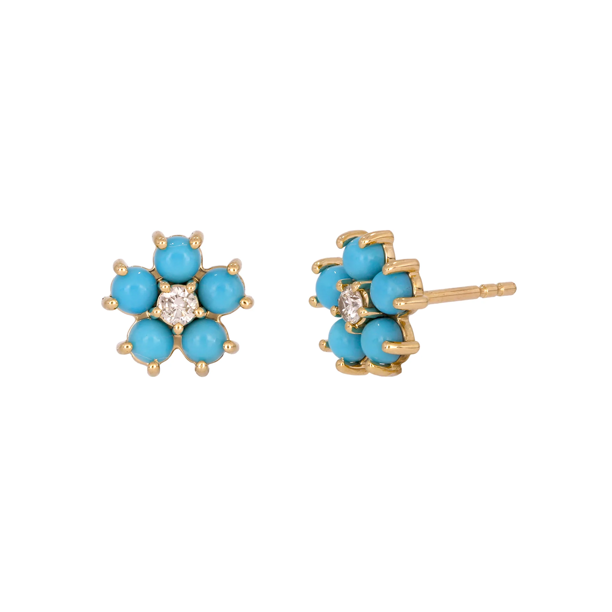 EFA53609TQ. 14K Solid Yellow Gold Diamond and Turquoise Flower Stud Earring - Image 3